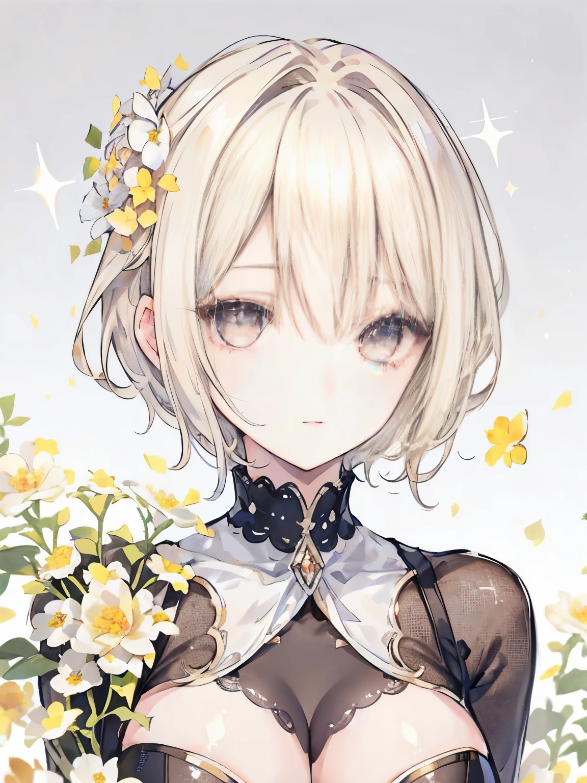beautiful girl,((blonde)),((short hair)),(The tips of the hair are slightly curved outwards),((Bangs cover the right eye)),(gray eyes:1.2),(half face),((The host style gives off a sparkling aura overall.)),((Luxurious and glittering host suit:1.2)),(close up of face),((Flower background:1.2)),
