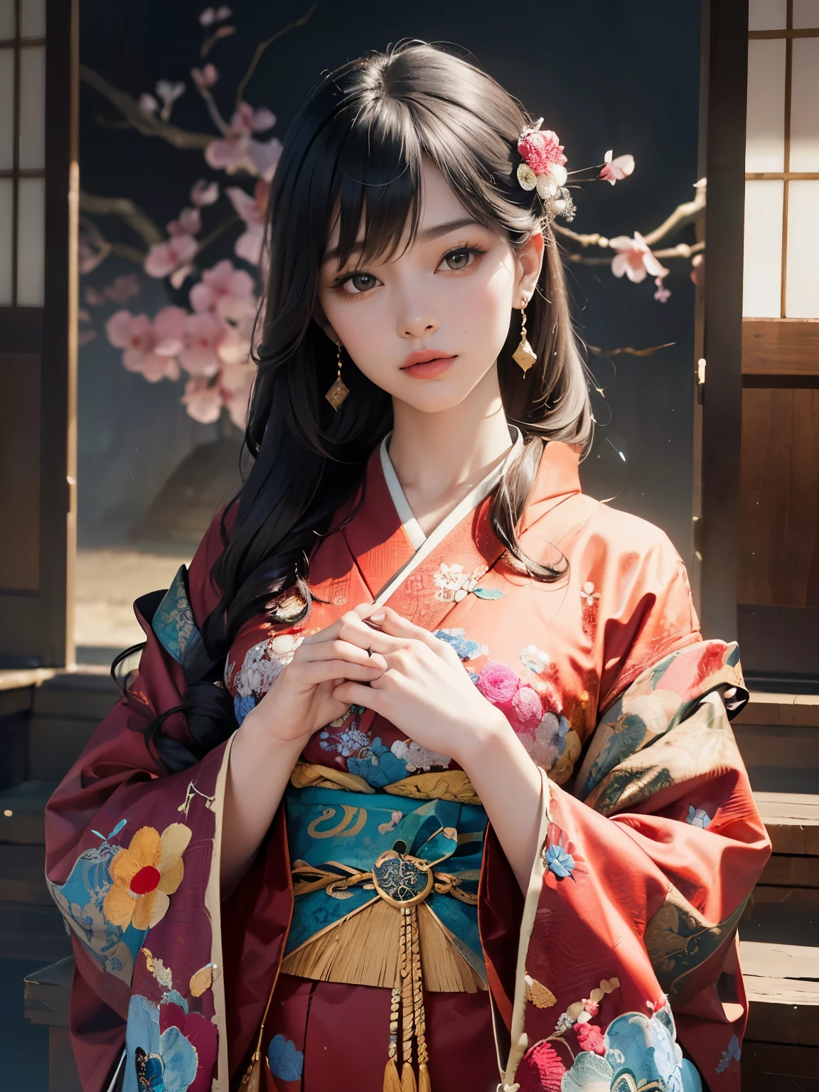 (masterpiece, highest quality, highest quality, official art, beautiful and aesthetic:1.2), (1 girl),elaborate costumes(luxurious japanese kimono(colorfulな着物(fine embroidery))), very detailed,(fractal art),colorful,most detailed,Mandala in the background