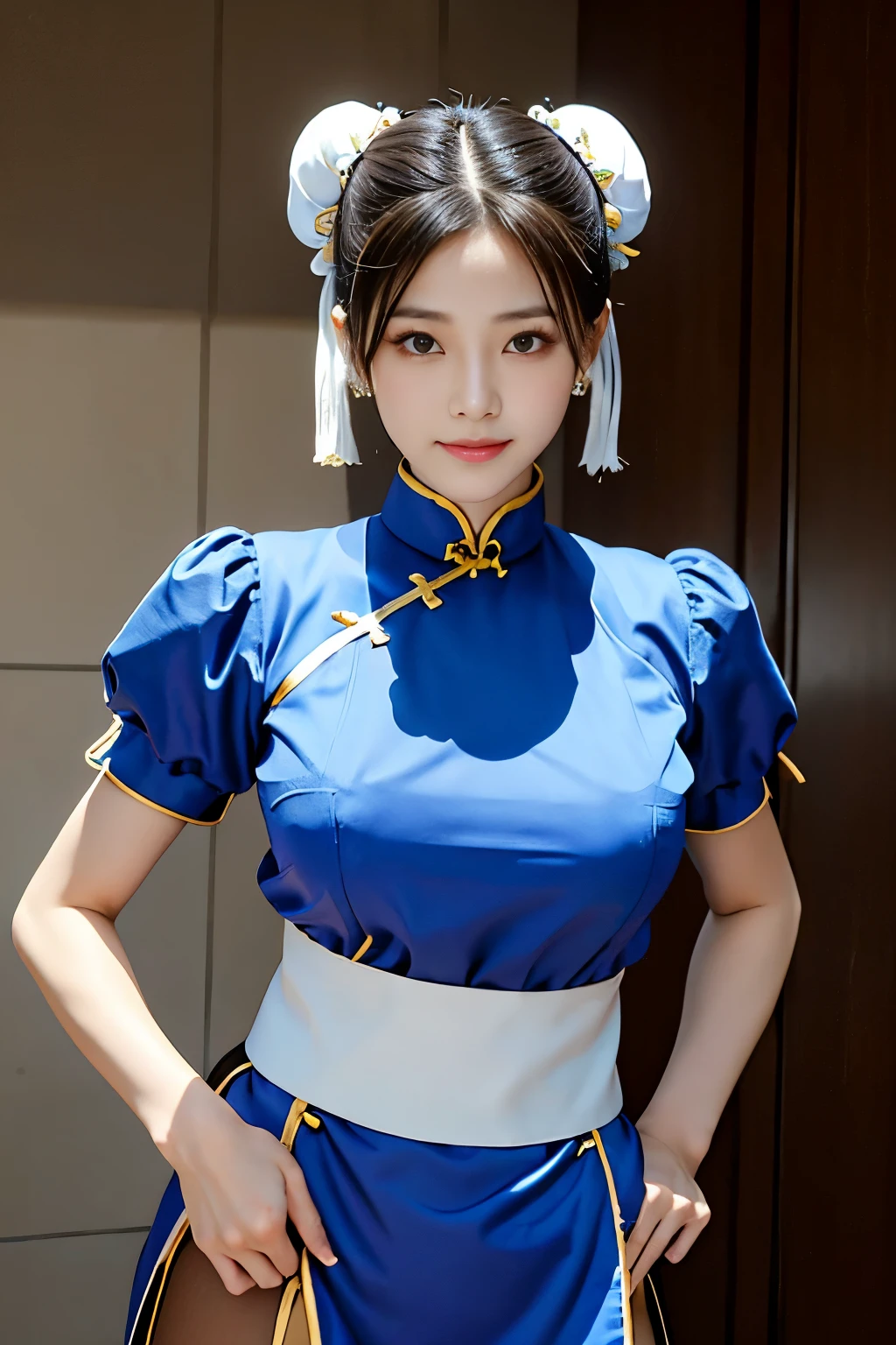 Chun-Li from Street Fight II,perfect chun li costume,Blue cheongsam with gold lines,Bun head,bun cover,fighting pose,masterpiece、1 beautiful girl、fine eyes、puffy eyes、highest quality, 超High resolution, (reality: 1.4), movie lighting、Japanese、asian beauty、Korean、super beautiful、beautiful skin、body facing forward、close up of face、(超reality的な)、(High resolution)、(8k)、(very detailed)、(美しくfine eyes)、(Super detailed)、 (wall-)、detailed face、bright lighting、professional lighting、looking at the viewer、look straight ahead、slanted bangs、Nogizaka Idol、korean idol、masterpiece, highest quality, masterpiece, highest quality, perfect face, perfect brown eyes with white sclera, bad move-5, alone, 1 girl, Upper body, brown hair, From SF2, Chinese service, smile, muscular woman, blue clothes, pantyhose, pelvic curtain, Puffy short sleeves, Good cover, sash, evaluation:safety