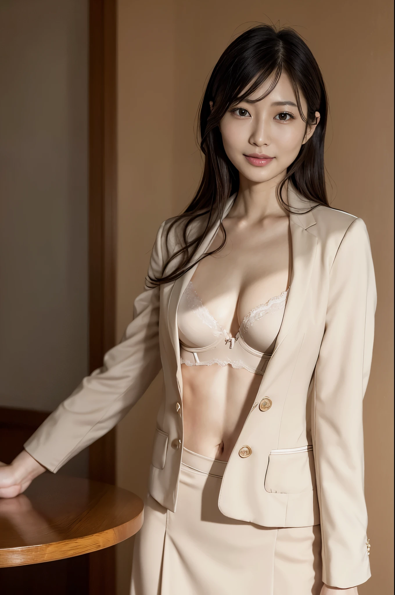 small breast, slender, 40 years old Japanese, woman, beautiful face, Are thin, (skirt suit:1.3), Hotel, highest quality, ultra high resolution, (realism: 1.4), Depth of the bounds written, beautiful face, (Pueros face_v1: 0.8), half body,(real bra:1.5), innocent smile, natural makeup, model pose,