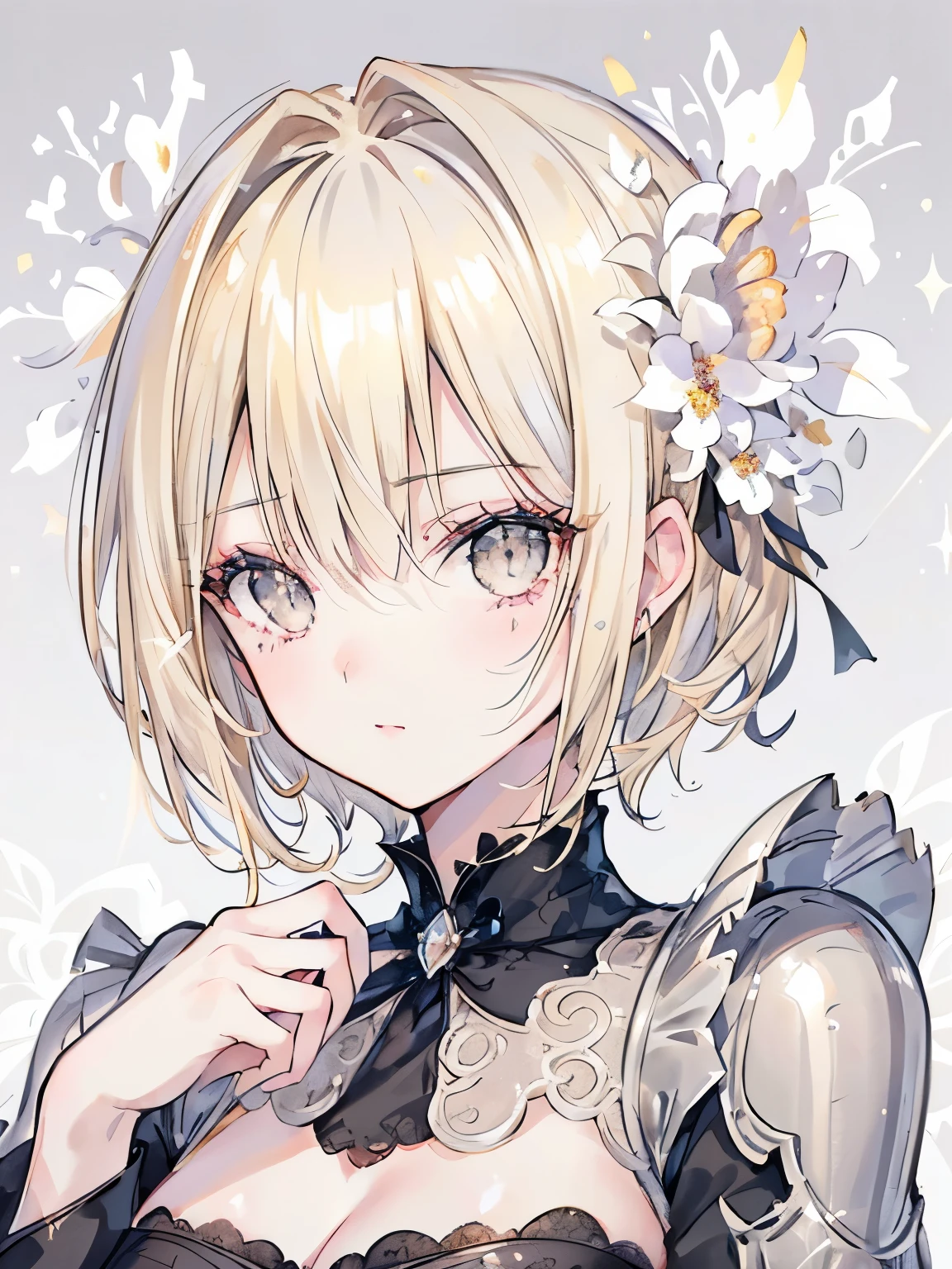 beautiful girl,((blonde)),((short hair)),(The tips of the hair are slightly curved outwards),((Bangs cover the right eye)),(gray eyes:1.2),(half face),((The host style gives off a sparkling aura overall.)),((Luxurious and glittering host suit:1.2)),(close up of face),((Flower background:1.2)),corset