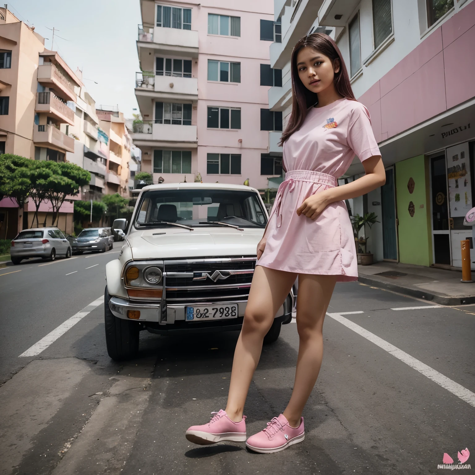 Anak perempuan 2 tahun. Berpose tersenyum dan melirik ke depan memakai baju dress garis garis pink, putih dan biru muda dan celana leging abu abu. Memakai kacamata warna di kepala di pegang oleh tangan kanan nya. Tangan kiri nya membawa tas warna pink dengan hiasan mutiara. Sepatu slope motif dino. Berdiri di parkiran mobil rumah di pagi hari yang cerah