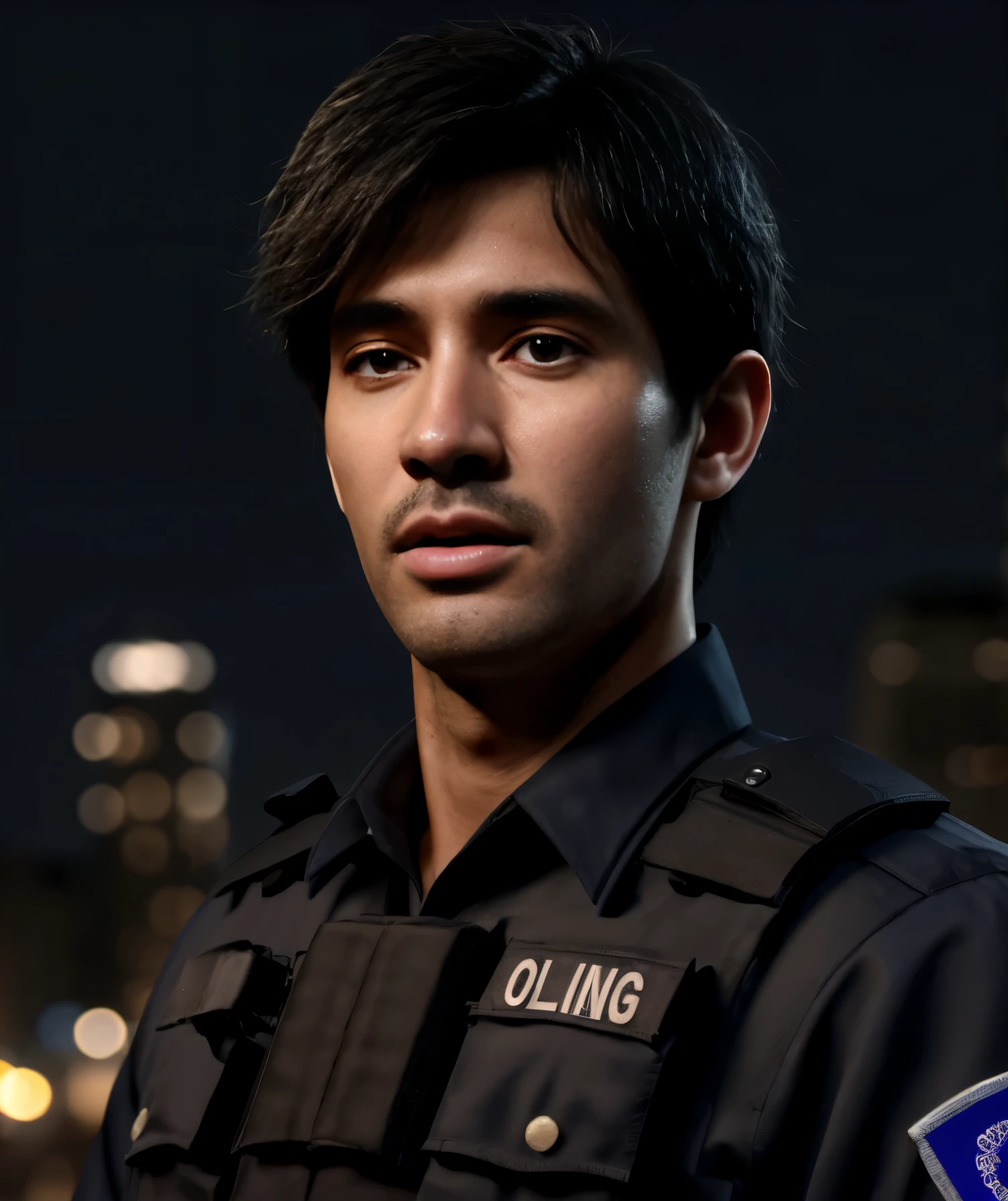 1 man, Masterpiece, 4k, ultra realistic, policeman, city night background, Carlos Oliveira, Portrait, I have black hair. 