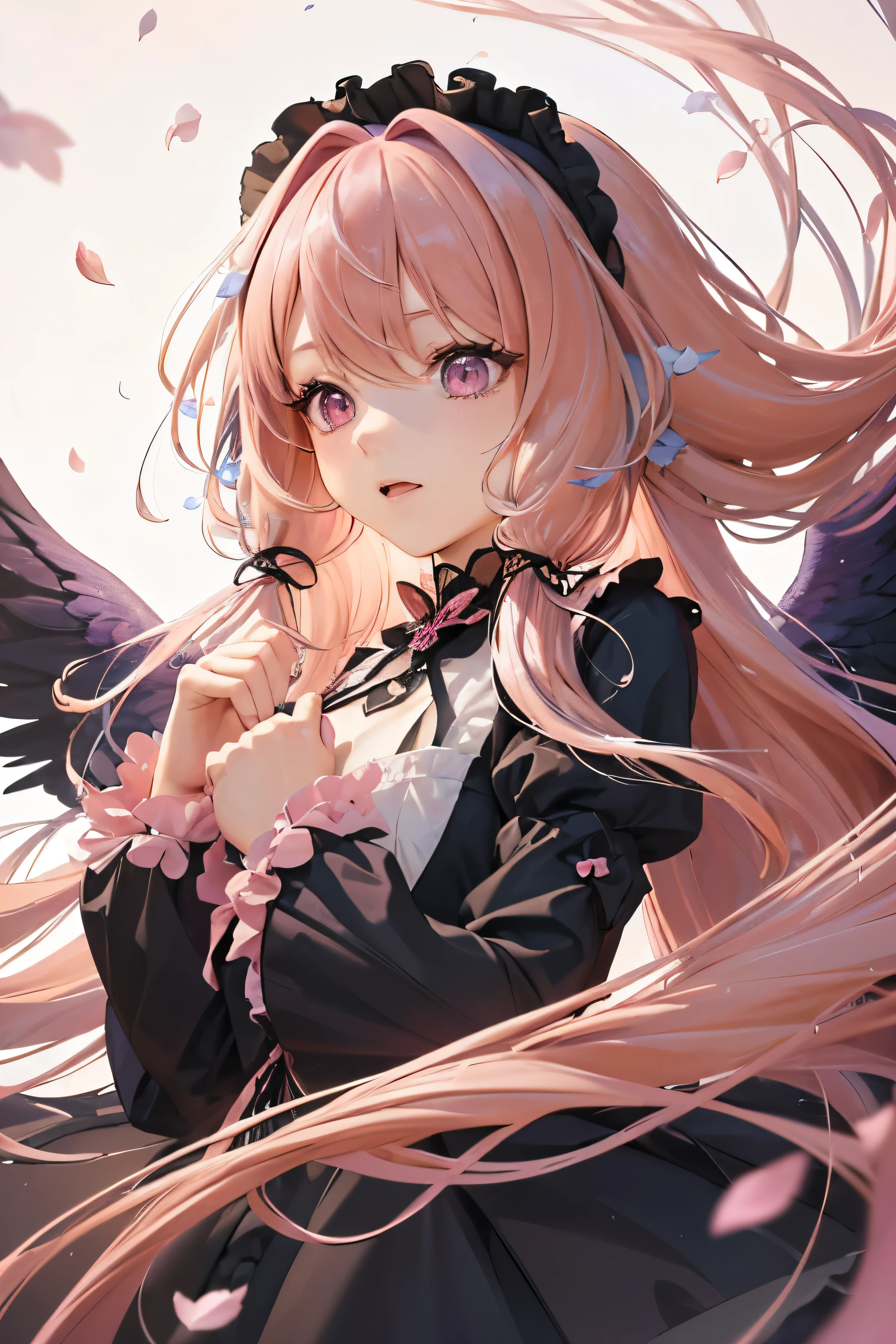 4K quality:1.2,1 girl,sense of depth,confused,catch light,Super beautiful illustration,((falling petals)),(((pink hair,long hairstyles:1.3))),eye shadow,((black clothes,Gothic ta)),Upper body,;D,beautiful and delicate flowing hair,((Delicate and detailed beautiful purple eyes)),angel wings,emphasized chest