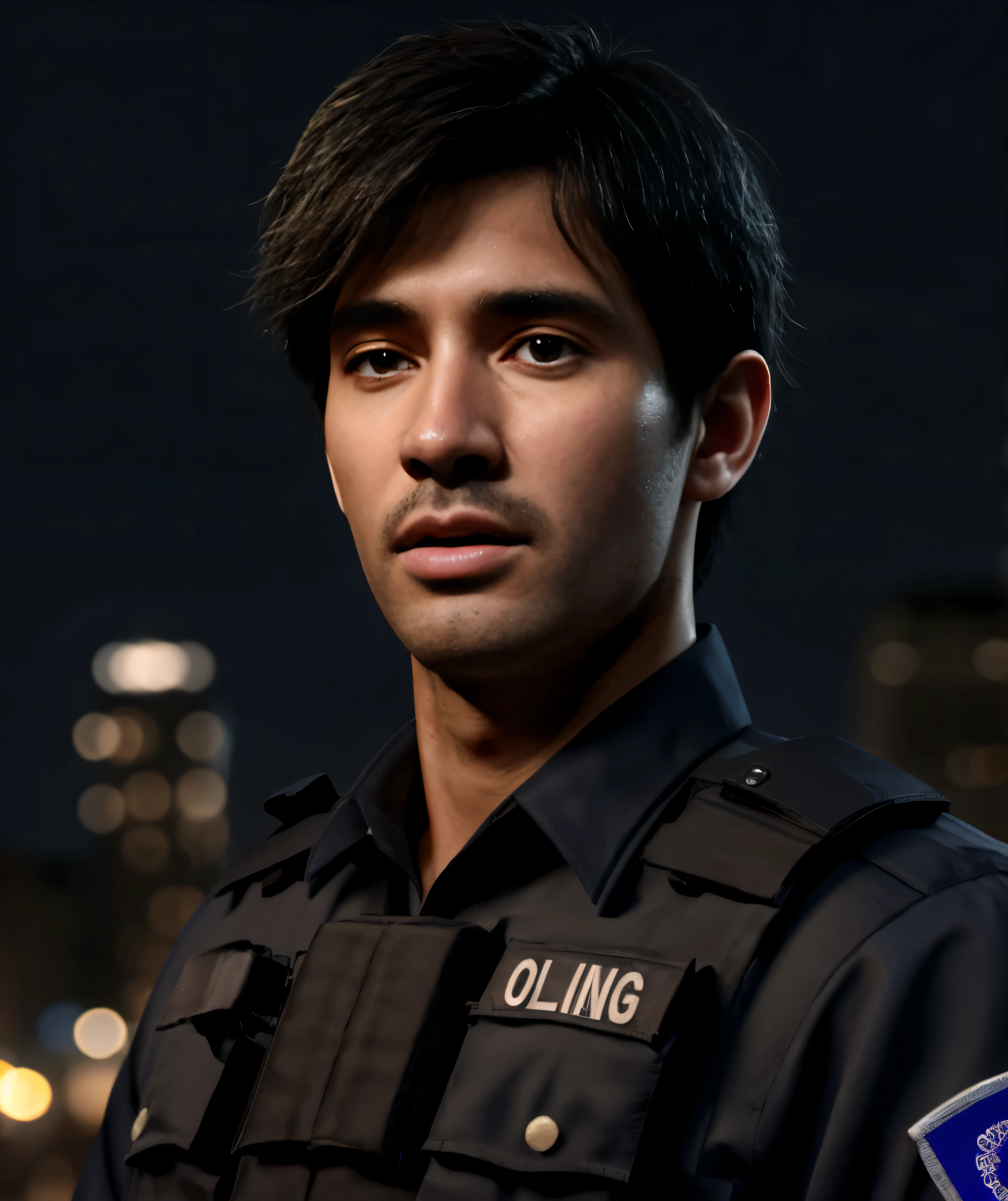 1 man, Masterpiece, 4k, ultra realistic, policeman, city night background, Carlos Oliveira, Portrait, I have black hair.. 