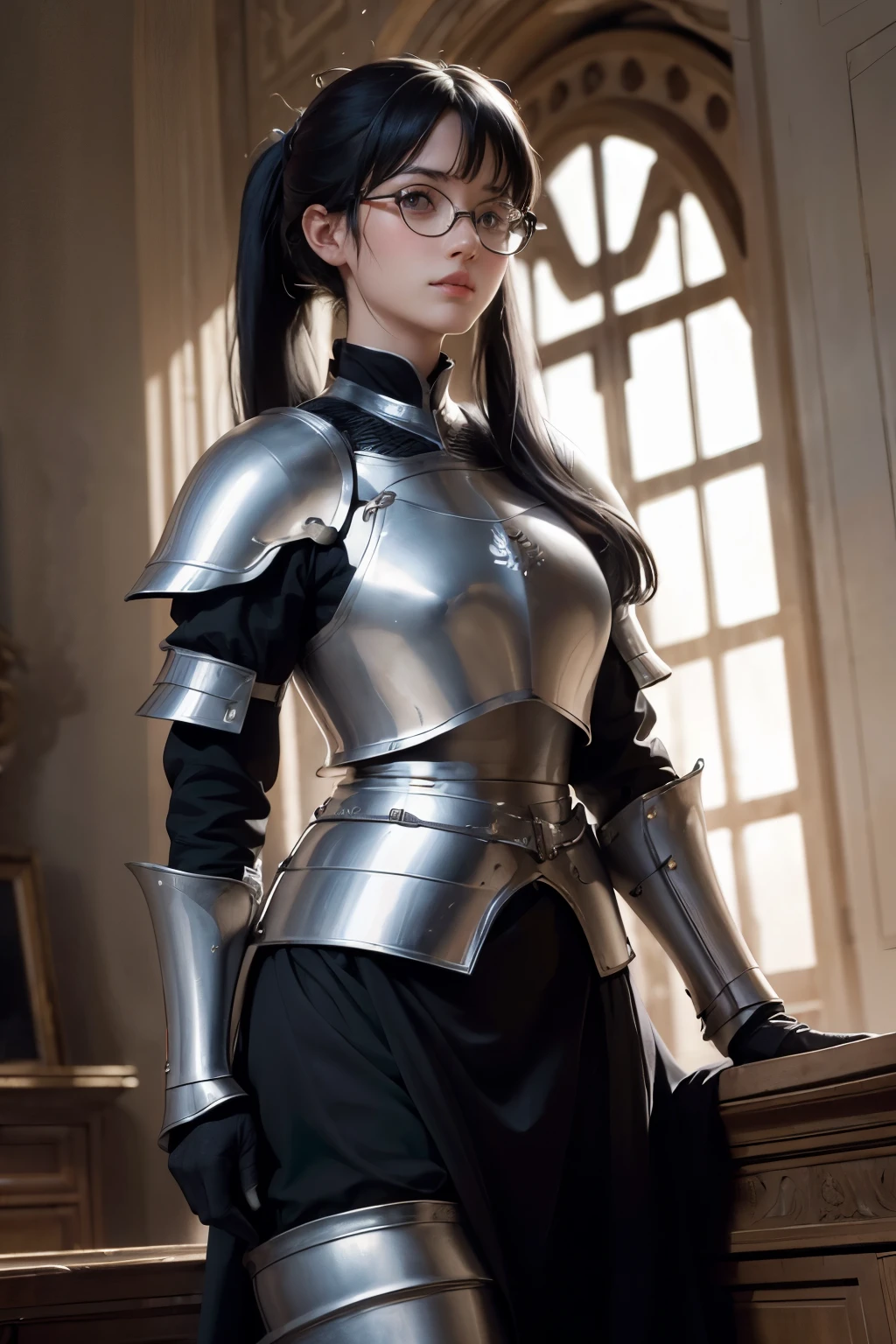 ((wide angle shot of the Hundred Years' War in France)), a beautiful woman, black hair in a ponytail, bangs, wearing glasses, wearing Jeanne d'Arc armor