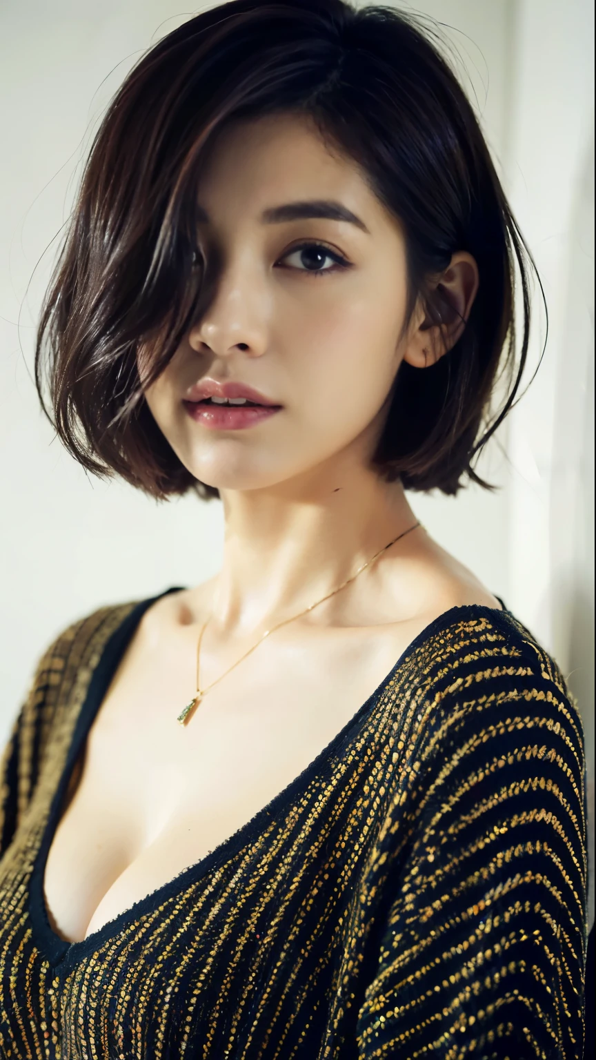 (Best Quality, 8k, 32k, Masterpiece, UHD: 1.2), Cute Japan Woman Pictures, Big, Very Short Bob Hair, Upper Body, Face Focus, oversized_sweater, Necklace, Simple Background, From Above, Look at the Viewer, Show Her Cleavage, Leanover, Kiss