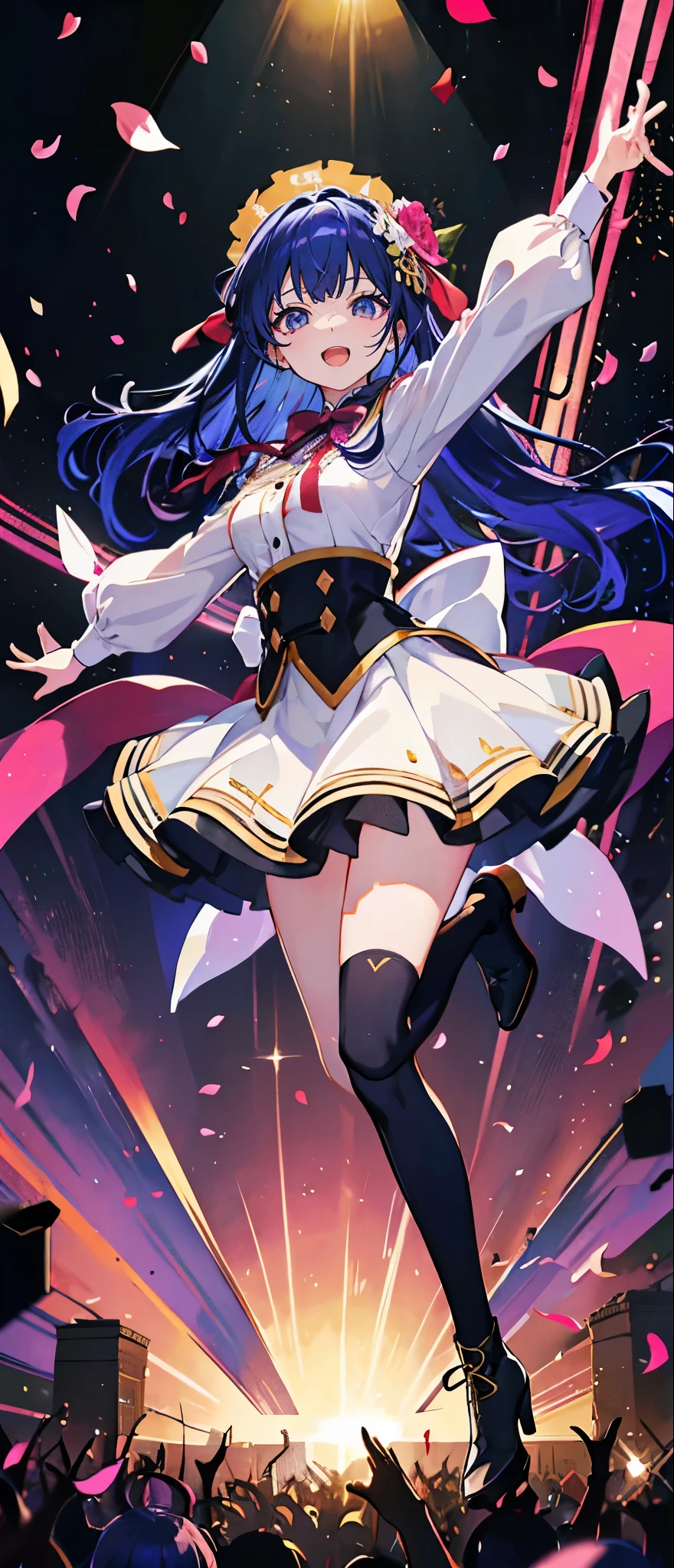 (muste piece), (best quality), very detailed, ((1 girl)), solo full body shot,Viewer's perspective,dancing,(smile),wink,perfect face, beautiful face, very detailedな顔,((midnight colored hair_super straight long_midnight colored eyes:1.3)),Gorgeous idol costumes,ruffle skirt,solo idol,ribbon hair ornament,ribbon boots,knee high socks,concert dome,live,have a microphone,singing,smiling with mouth wide open,Laser Light,Spotlight,Lots of confetti、A large amount of petals dance
