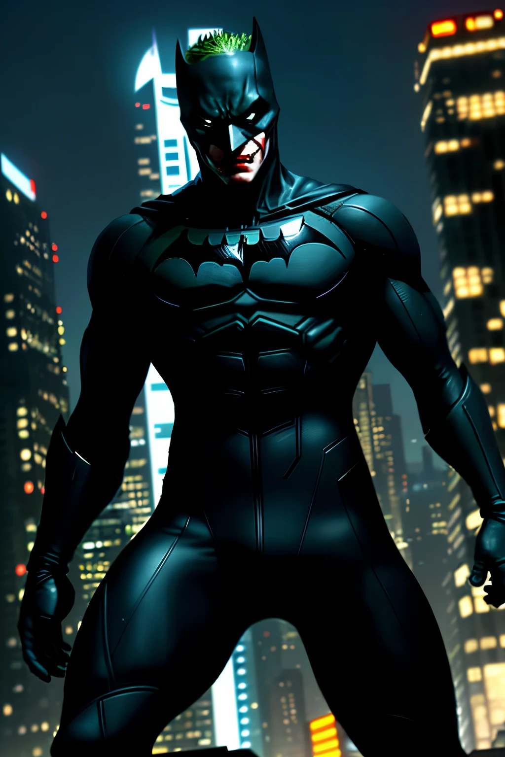 Title: "The Techno-Enhanced Guardian: Batman in a Zeo-Futuristic Showdown"
In the core of a neon-illuminated metropolis, where night's shadows engage in a ballet with the city's pulsating lights, Batman emerges. His attire, a harmonious blend of Zeo-futuristic engineering and human resilience, encases him as man morphs into machine. Complex technology surges within, augmenting each muscle fiber.
Amid the chaos, the Joker's hysterical cackle reverberates off the buildings, while Harley Quinn's acrobatic twists inf