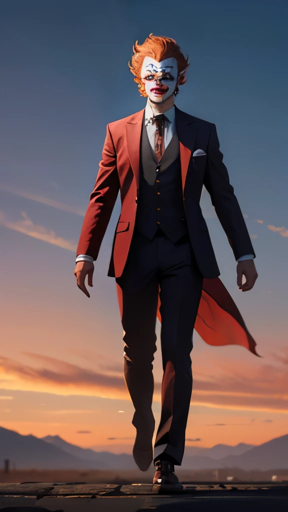 Readheaded man wearing an all read suit with his face painted like a clown standing on top of a mointain