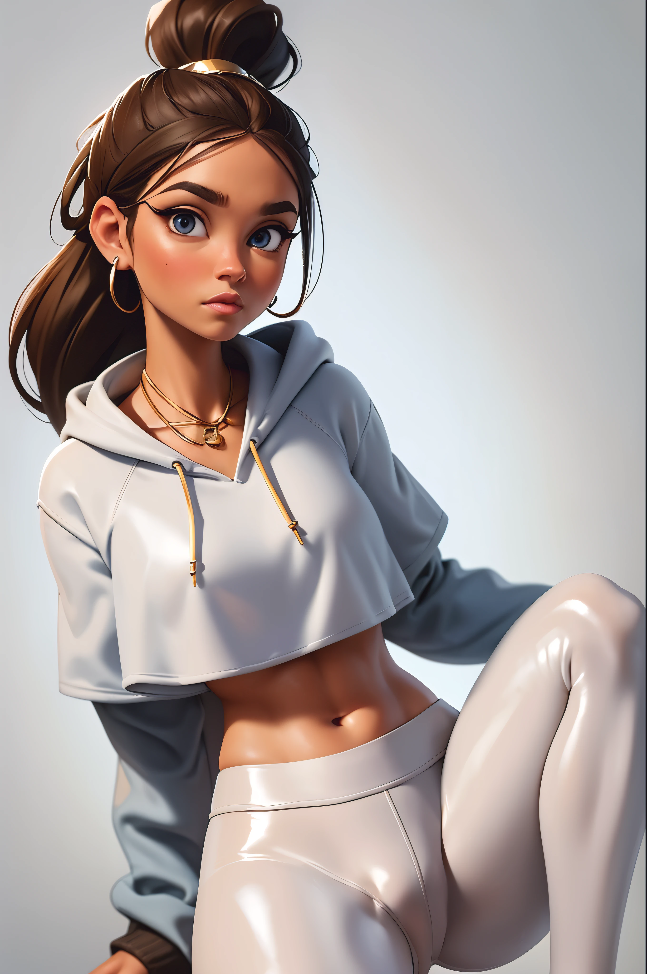 brown hair, blue eyes, ponytail, (white crop top hoodie), (white latex leggings), gold necklace