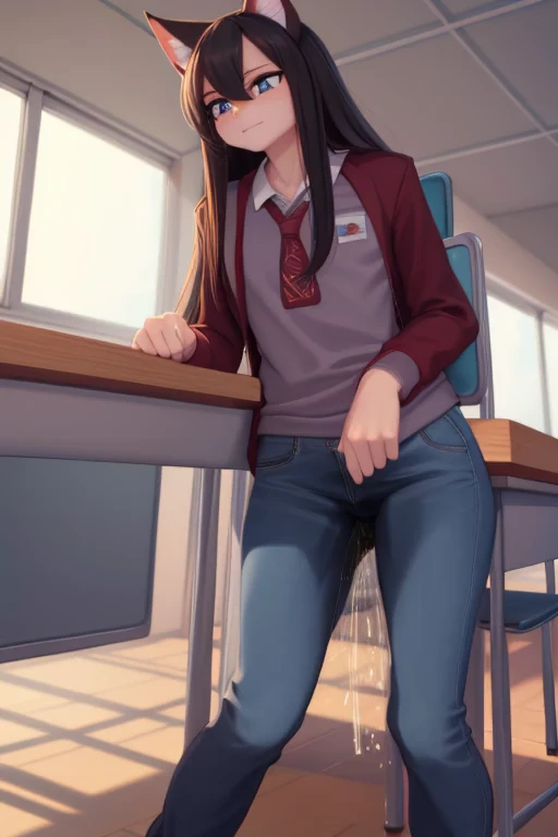 tall adult catboy with long hair peeing his pants in classroom by accident, upset