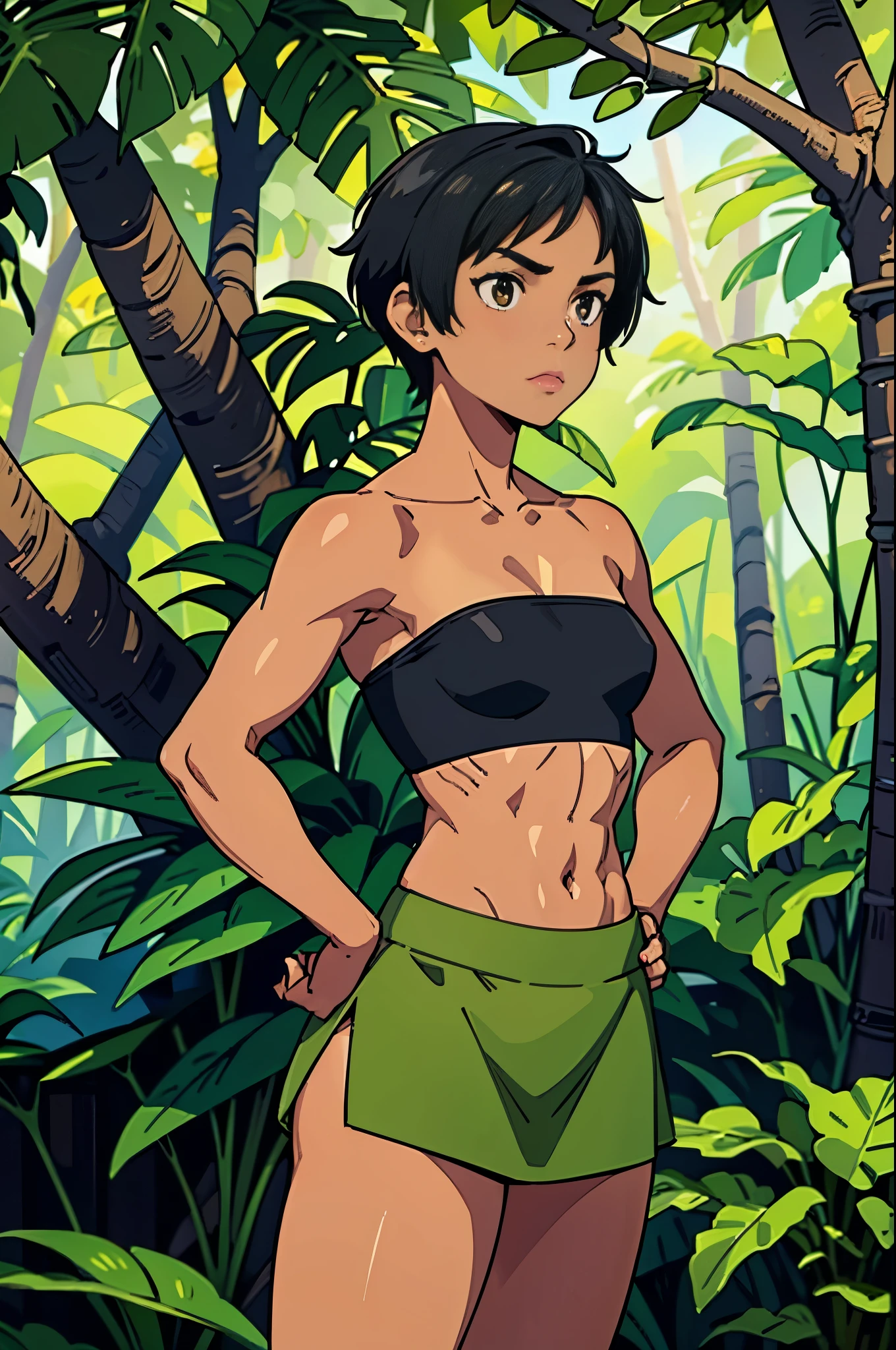 Best high quality masterpiece portrait, 1woman, posed standing straight hands on hips with a wide leg stance, tomboy, athletic toned muscles, wide hips, thick thighs, dark tan colored skin, amazon warrior, in a tiny(small) leafy tube top and a grass mini skirt, small breasts, very short bob cut, black colored hair, jungle rainforest background setting, cowboy shot