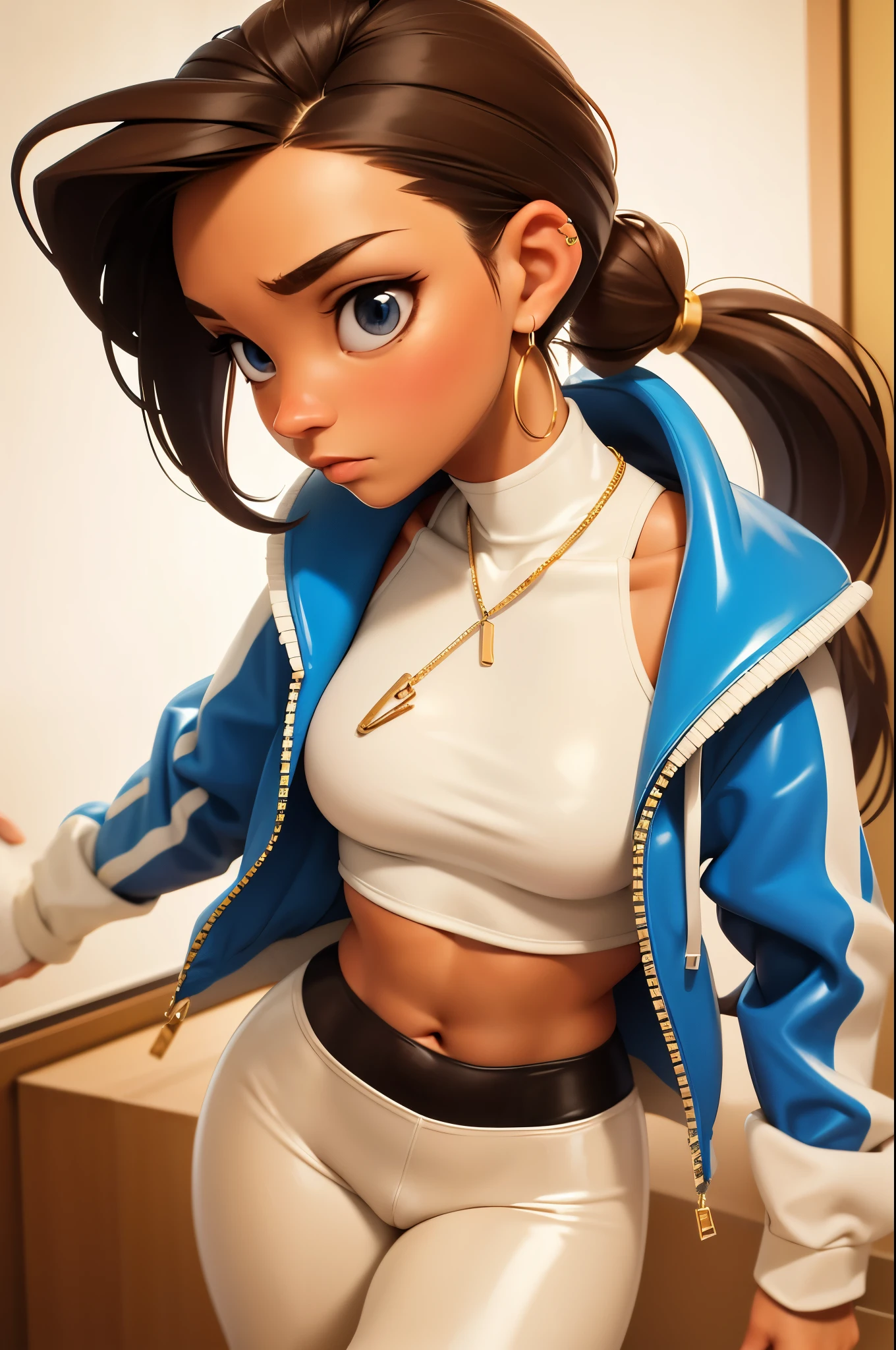 brown hair, blue eyes, ponytail, (white crop top hoodie), (white latex leggings), gold necklace