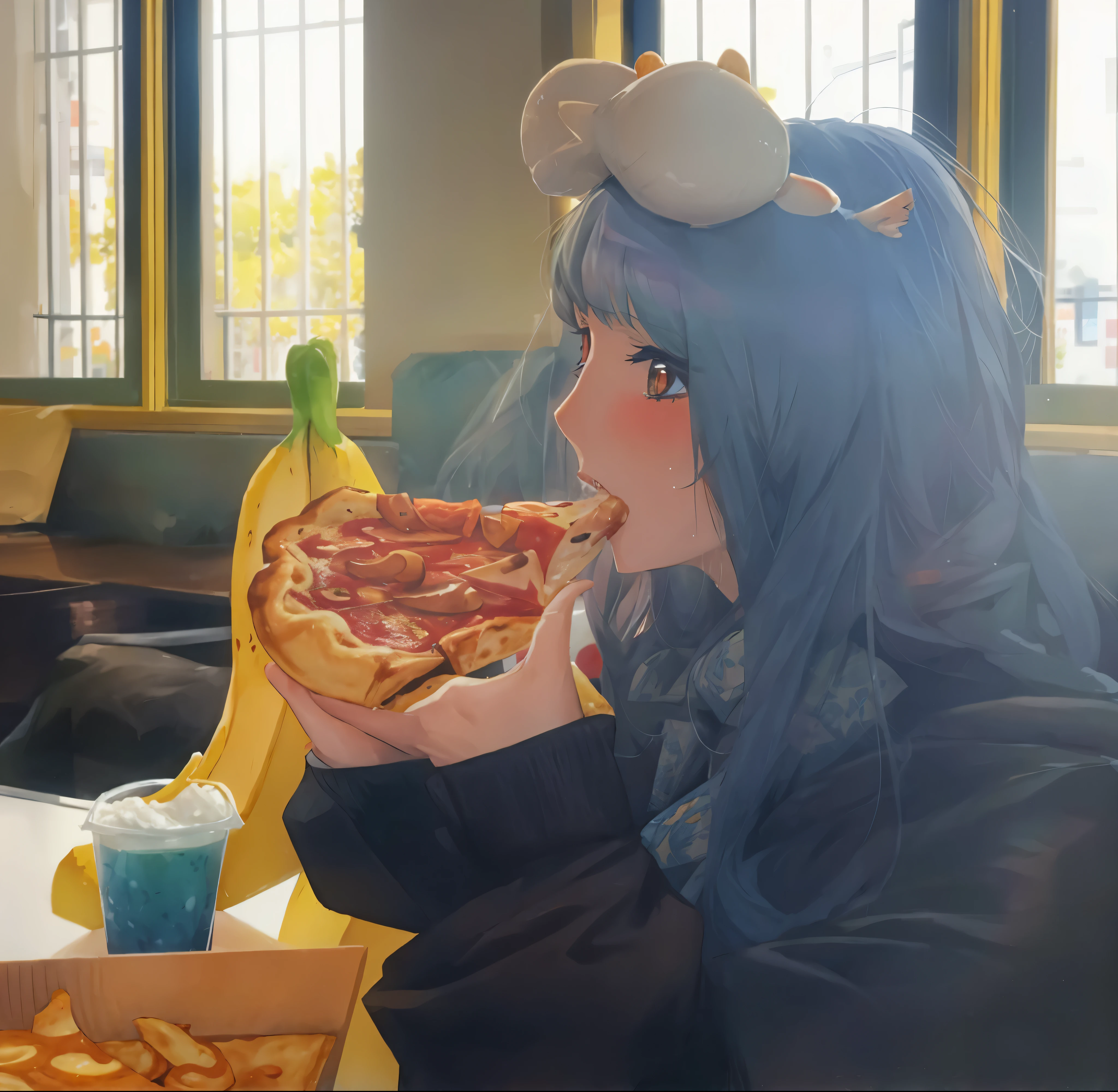 anime , An illustration , woman eat a slice of pizza with a banana and a cup of drink, Mukbang, taehyung eat gucci fries, eat, buttercup eat pizza, Trying to consume you, emo girl eat pancakes, eat pizza, eat a pizza, 🦩🪐🐞👩🏻🦳, おやつをeat, eat a donut, 🐿🍸🍋, むしゃむしゃeatピザ