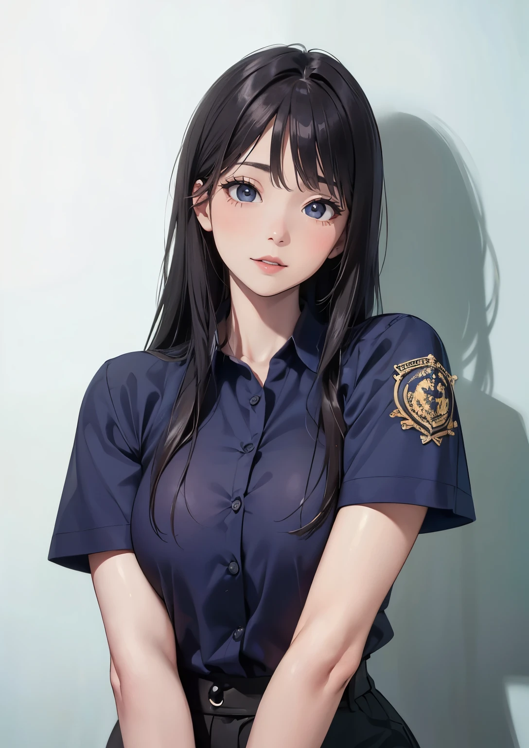 (best quality,4k,8k,high resolution,masterpiece:1.2),super detailed,(actual,realistically,realistically:1.37), Ultra high definition face, Close-up of a dressed woman posing for a photo, button shirt, Dark blue long hair，Have bangs, large breasts, large , , Crazy swollen breasts, Breasts larger than shoulder blades, open clothes, V-chest clothes, biggest breast, huge breast, cleavage, thin waist, fitness model, rosy cheeks, sweat