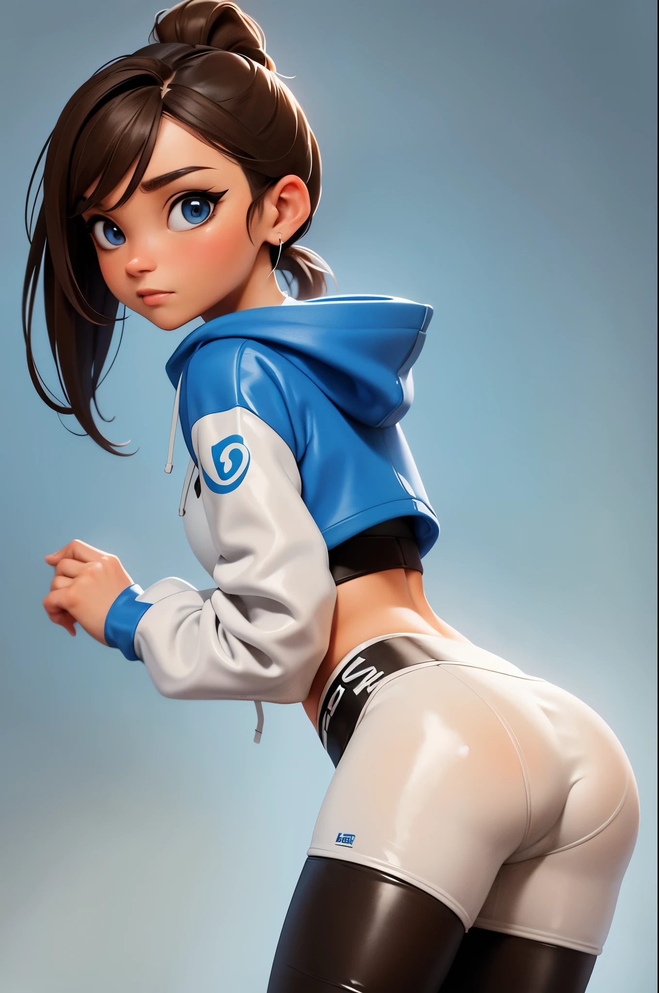 brown hair, blue eyes, ponytail, (white crop top hoodie), (white latex leggings), looking back at viewer