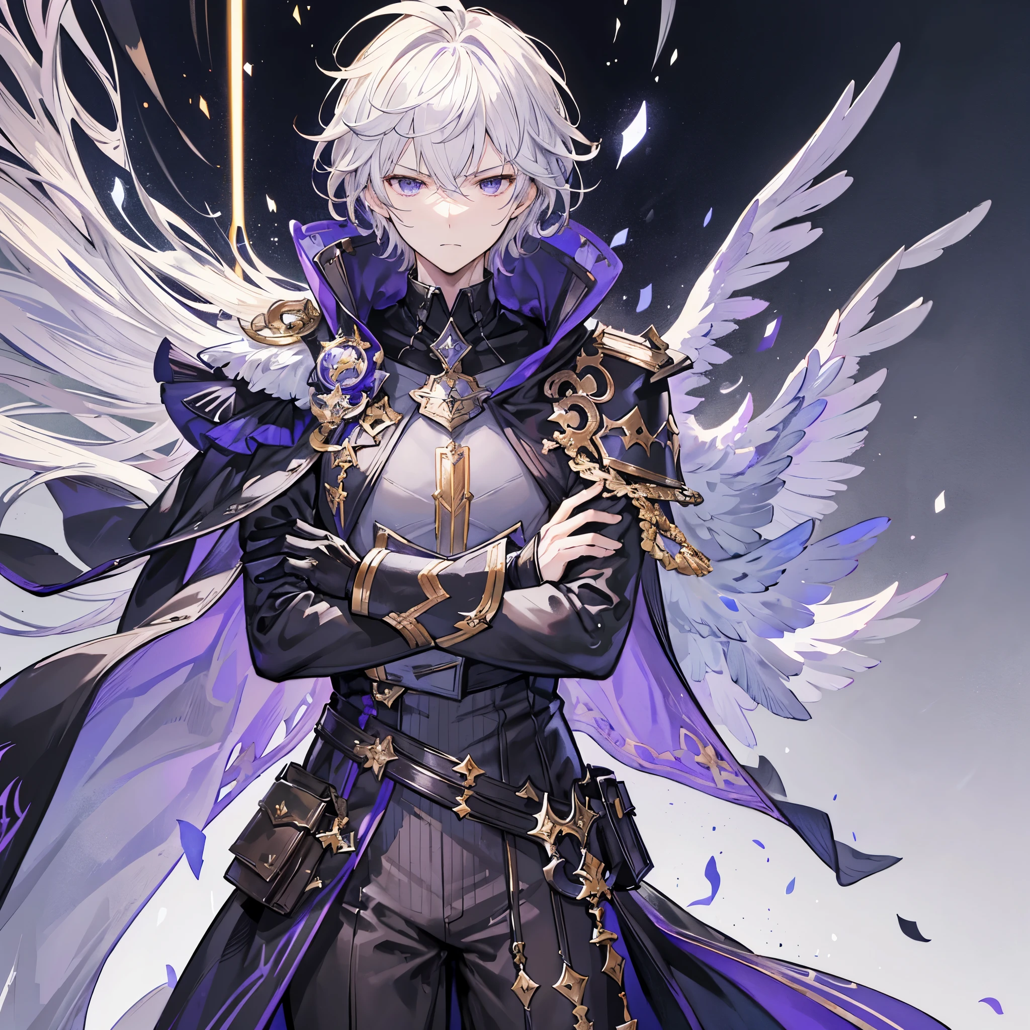 Handsome male, 1male, 17 years old, teenager, golden lining, short white hair, dark purple eyes, lucilius from granblue fantasy, close up, calm expression, stoic, grey military clothes, black cape, black gloves, crossed arms, upper body, looking at viewer, cowboy shot, black hallway background