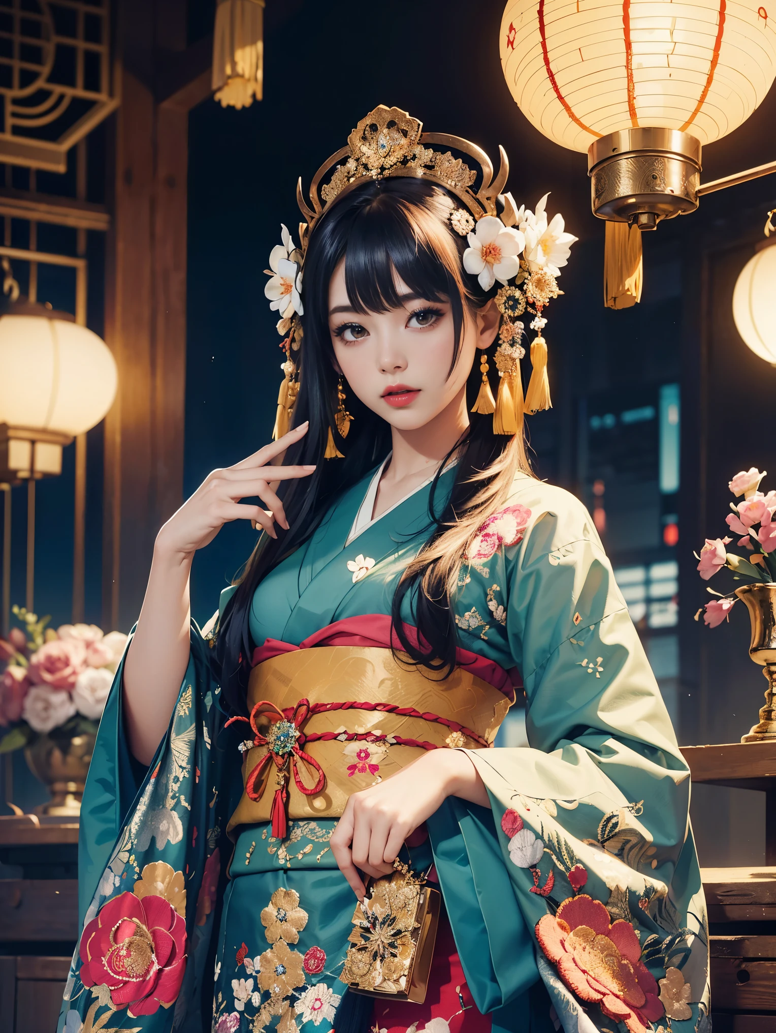 (masterpiece, highest quality, highest quality, official art, beautiful and aesthetic:1.2), (1 girl),elaborate costumes(luxurious japanese kimono(colorfulな着物(fine embroidery))), very detailed,(fractal art),colorful,most detailed,Mandala in the background