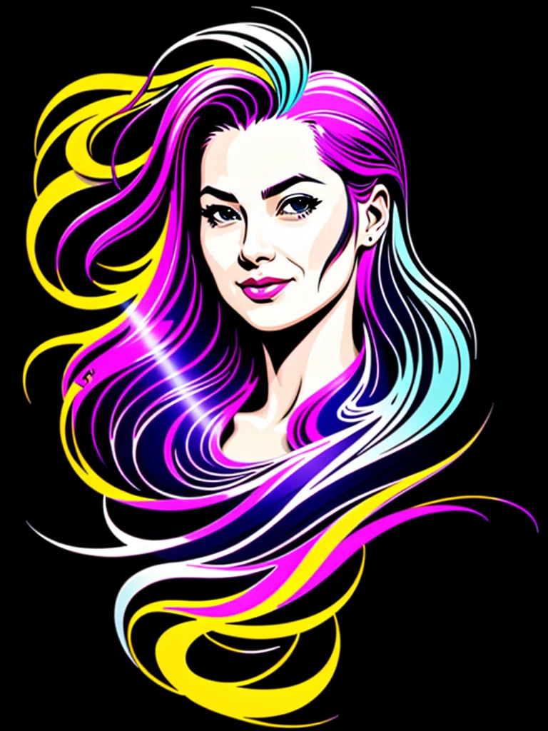 woman, line art, colorful and exotic flowing hair, intricat detailed, cartoon, comic book ink pen, black, vector for t-shirt, detailed image, delicate, beautiful, high resolution Hyperrealistic, splash art, concept art, mid shot, intricately detailed, color depth, dramatic, 2/3 face angle, side light, colorful background