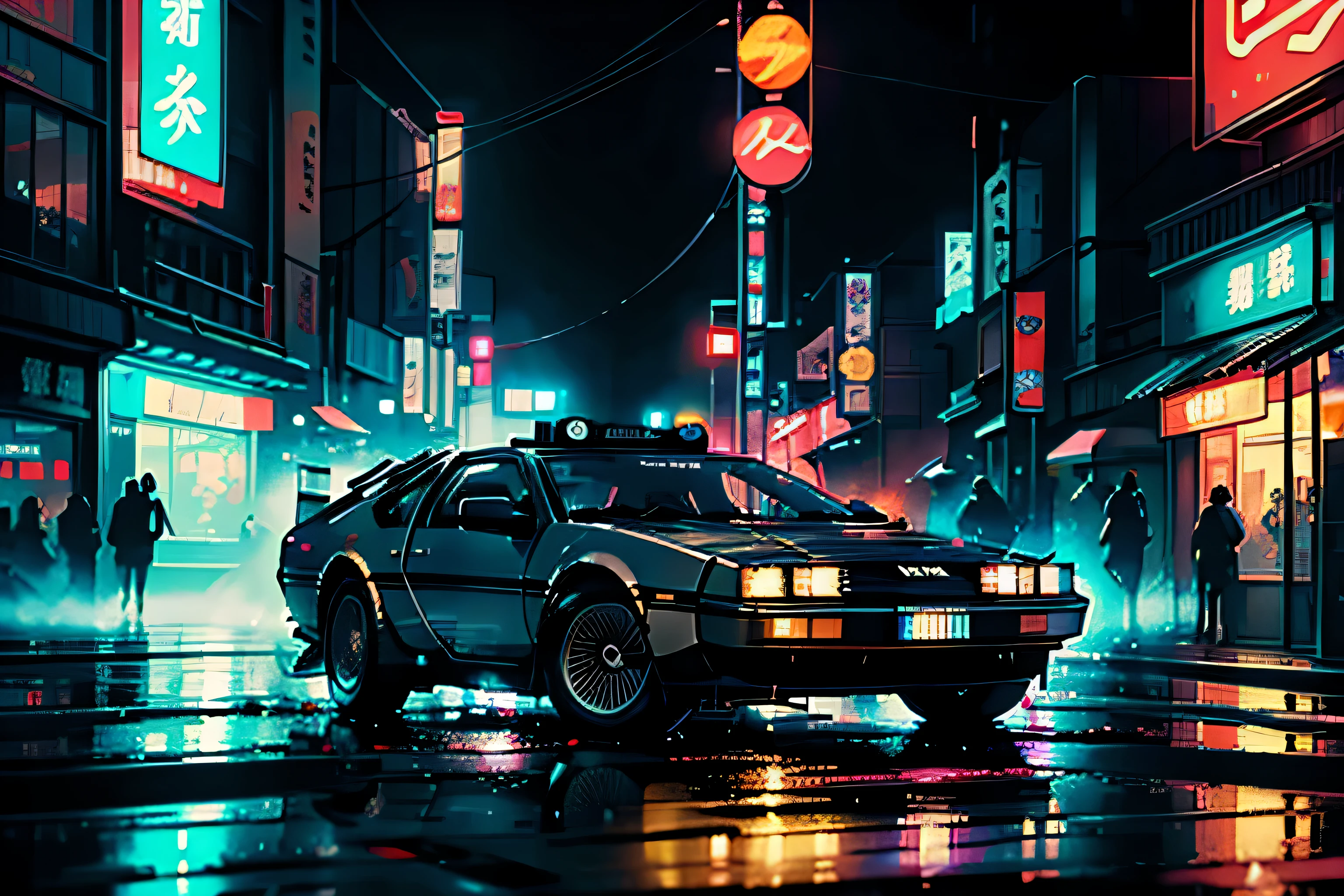 drifting delorean time machine in nighttime tokyo setting, steam vents on back, wet reflective floor, dim glowing neon tokyo lights and signs, kanji, background motion blur