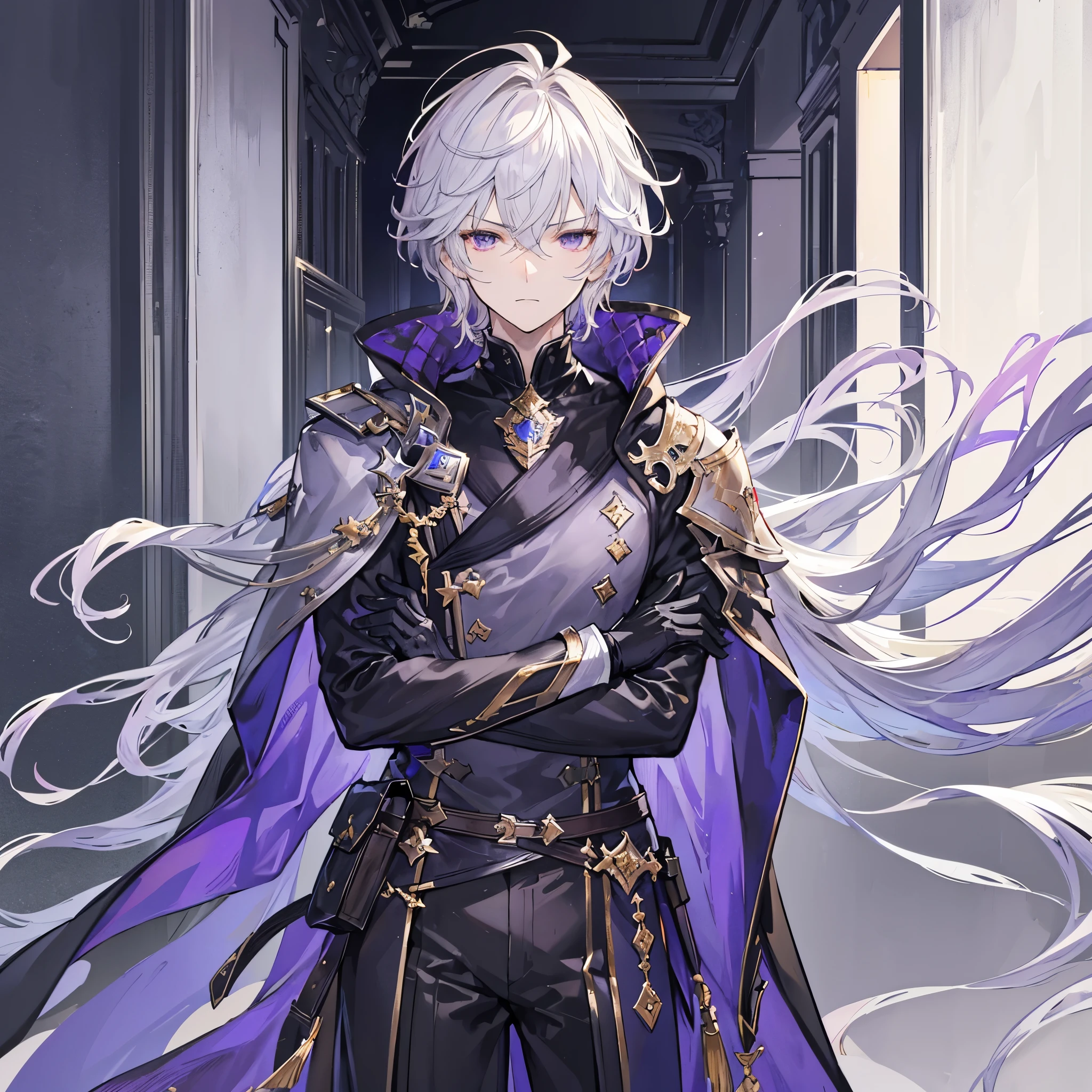 Handsome male, 1male, , teenager, go lining, short white hair, dark purple eyes, lucilius from granblue fantasy, close up, calm expression, stoic, grey military clothes, black cape, black gloves, crossed arms, upper body, looking at viewer, cowboy shot, black hallway background