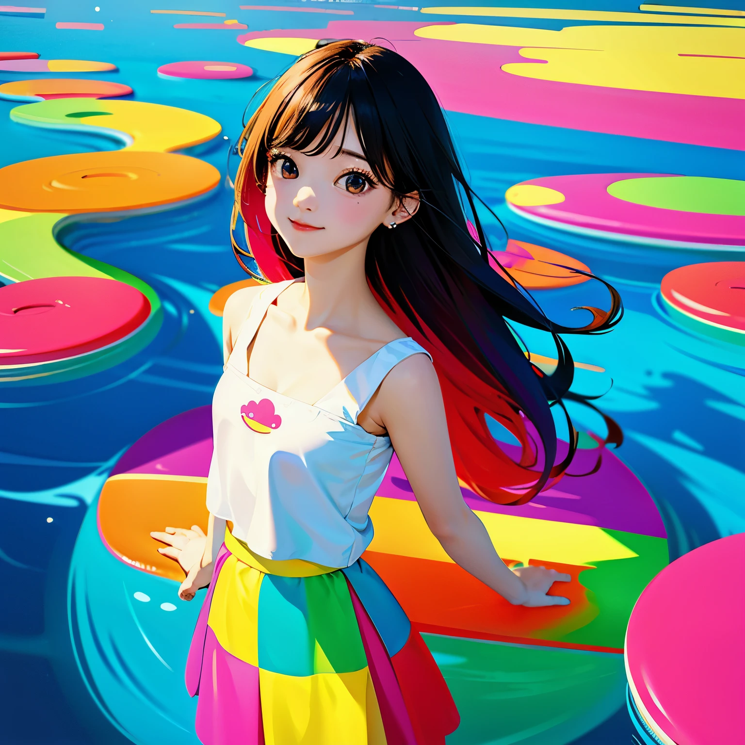 (ultra detailed,ultra high res,detailed background),((2D)),((flat color)),((colorful)),((floating colorful water)),1girl,solo,looking at viewer,BREAK