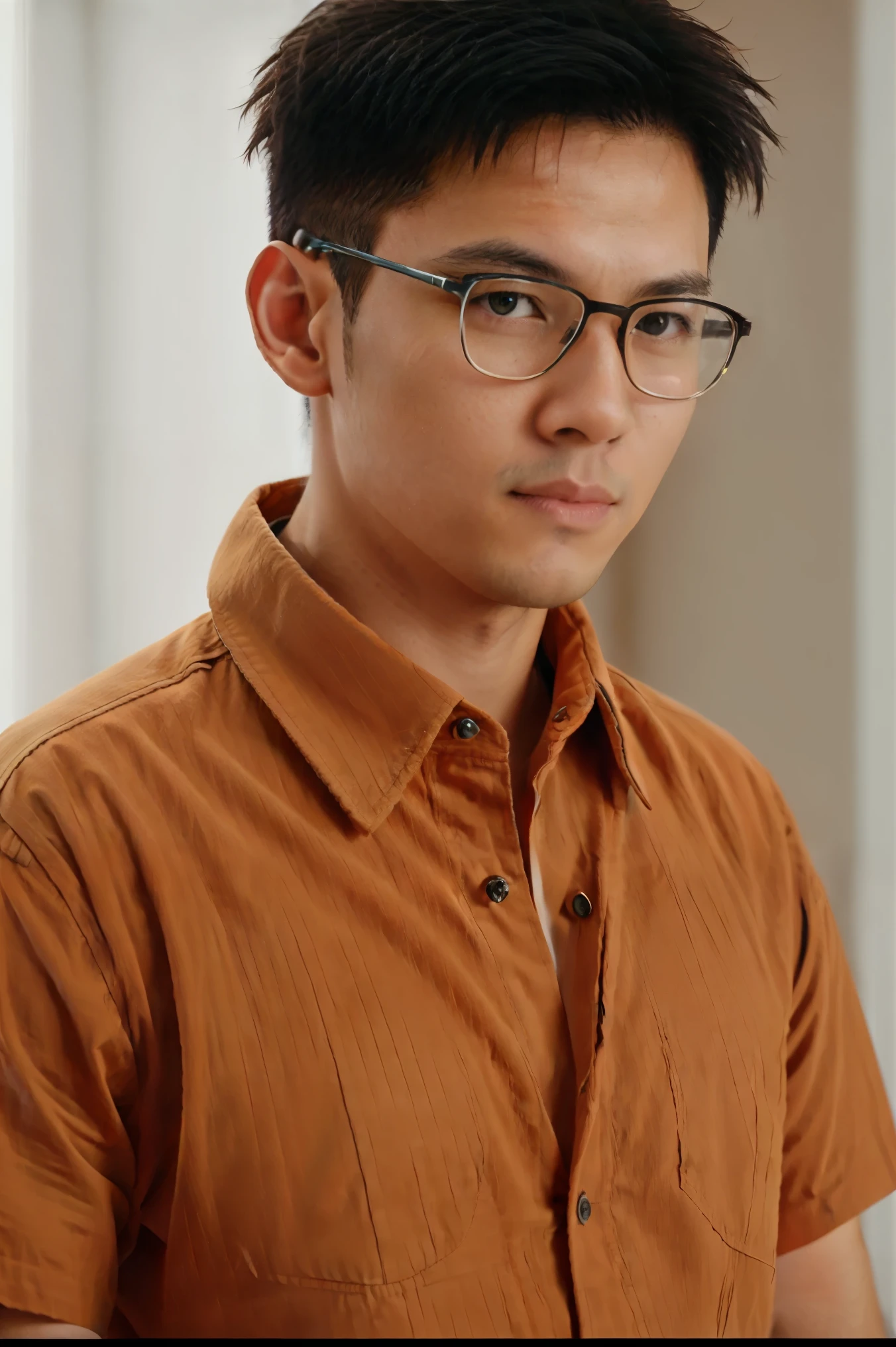 1 person, Time 20 and.or married, Singapore, (((Wear a fitted orange shirt.))), soft light, wear glasses,Combed hairstyle, Masterpiece, best quality, 8k uh, DSLR, Film texture, Fujifilm XT3 photorealistic art by midjourney and greg rutkowski,half body,black short hair