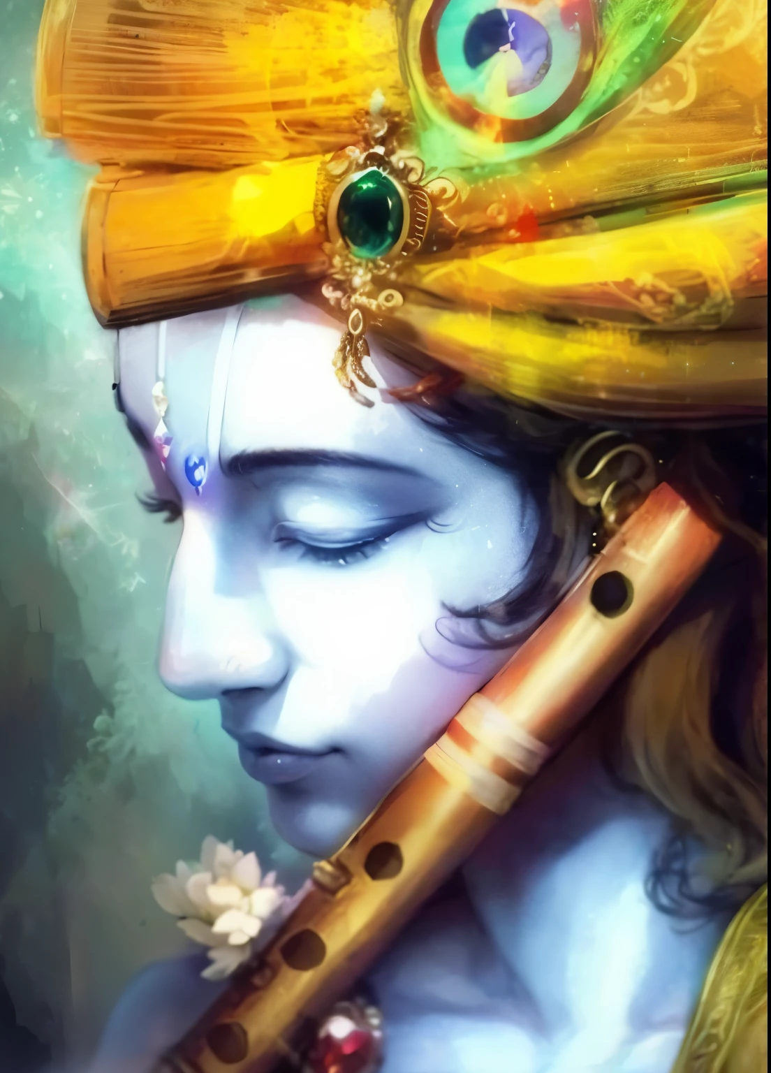 Lord Krishna holding a flute, bright lightings