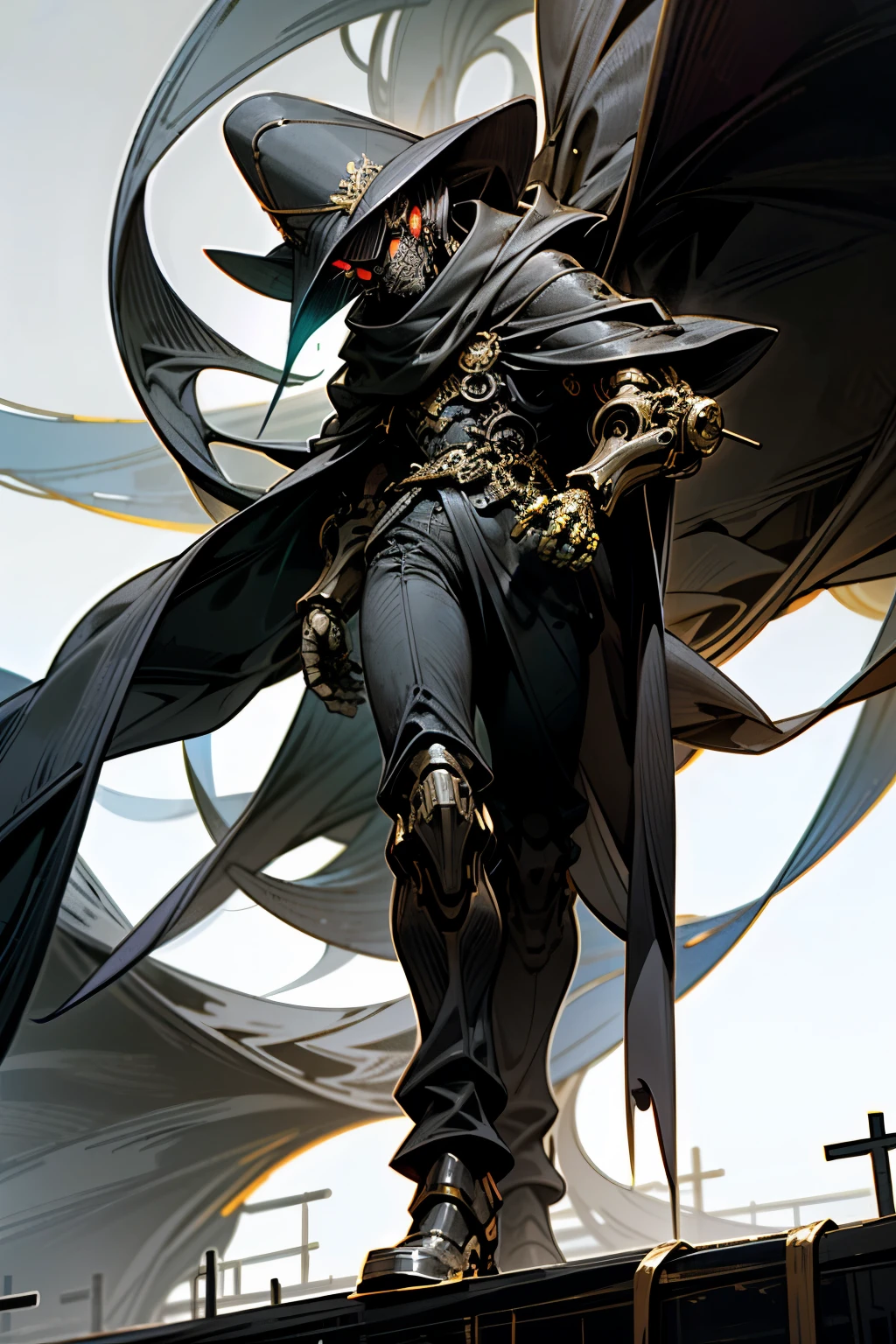"Zorro is an iconic and mysterious hero with his tight black suit, Golden details and a black mask. Sua capa longa flutua ao vento enquanto ele empunha elegantemente uma espada florete."