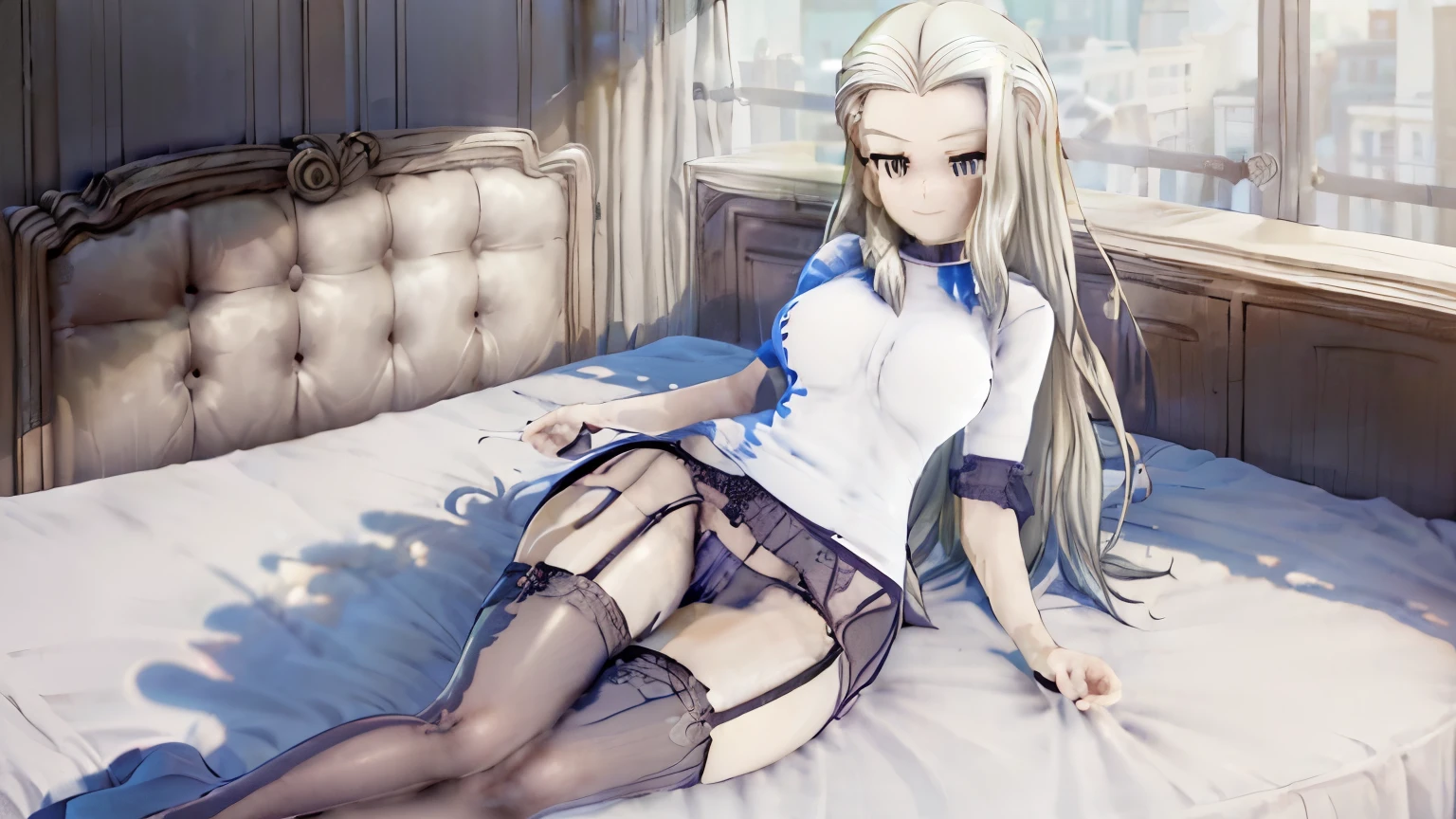 (((((((Laying Sidesways on Bed)))))), (((Open Jacket))), (((Open Top))), (((Beautiful Girl))), (((Stockings))), (((Posing))), (((Masterpiece))), (((Best Result))), 1Girl, , Feminine, Beauty, Sharp, \(girls und panzer\), Da snow, beautiful, clara, blonde hair, blue eyes, long hair, pravda school uniform, more_details:-1, more_details:0, more_details:0.5, more_details:1, more_details:1.5, pov across bed, ((((Wearing Stockings and Garter belt Lingerie Clothing))))