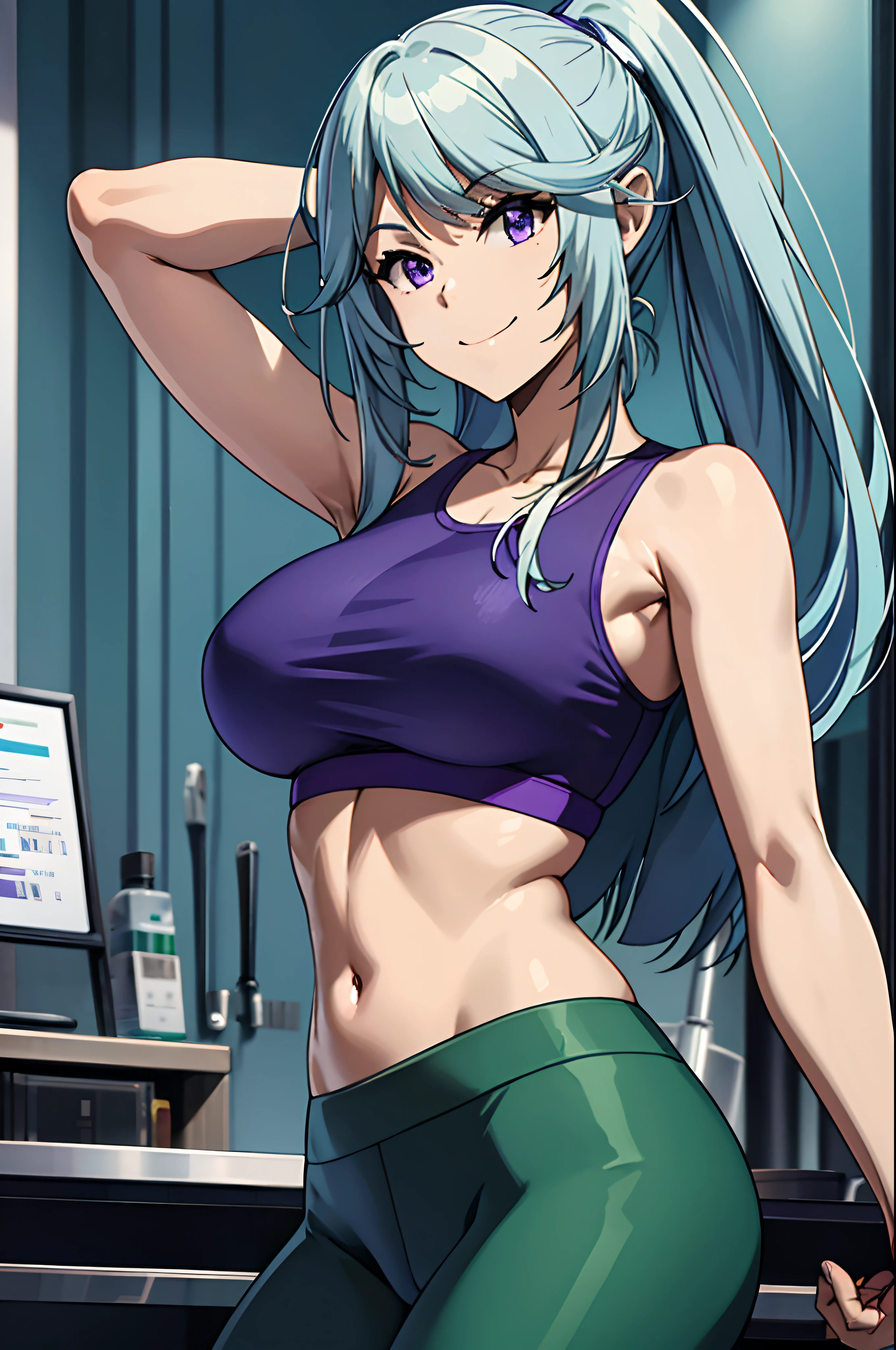 Azure hair,purple eyes,masterpiece, best quality, lifelike, yujiasuit, Good yoga exercise, yoga Pants, 1 girl, alone, , Yoga balls, Pants, looking at the audience, Smile, Green sports bra, simple background, , diaphragm, long hair, breast, green Pants, sportswear, Vest, Upper body