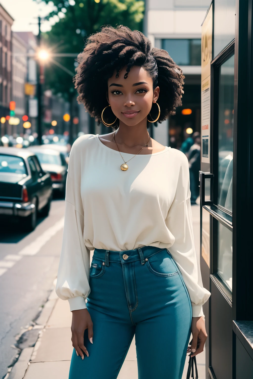 1 young female , smile, dark skin tone, afro hair, a pair of sparkly bell-bottoms, a white blouse, yellow and cyan tone, 1970s, huge ear ring, Bell-bottoms, flares, Disco Mirror Ball,
analog style (35mmstyle:1.1), masterpiece, , cinematic lighting, (photorealistic:1.3), (film grain), film noise, kodak proimage 100, depth of field , bokeh