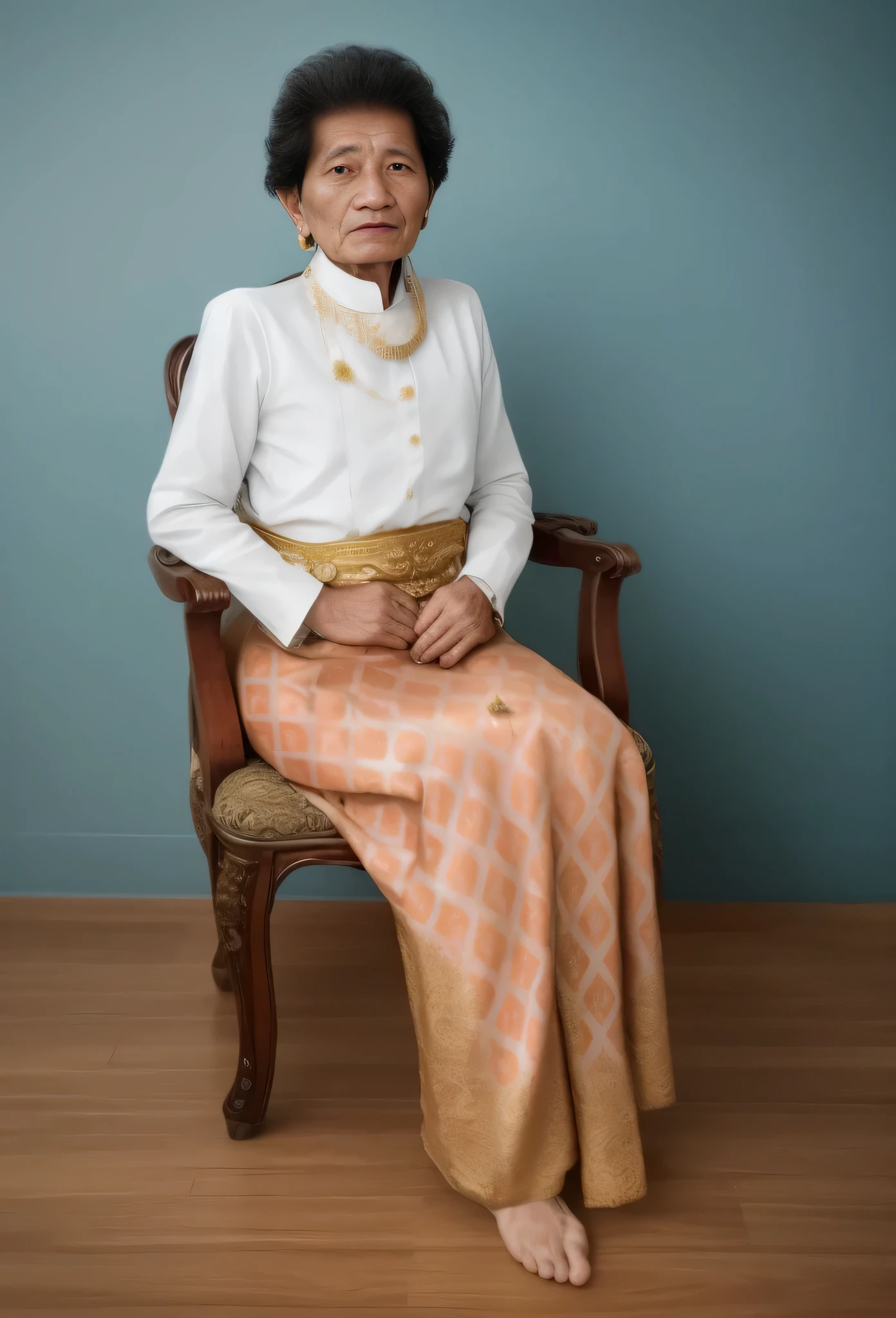 arafed woman sitting in a chair with a white shirt and gold skirt, barong family member, 7 0 years old, 70 years old, seated in royal ease, wearing an ornate outfit, wearing ornate clothing, portrait of a old, mid shot portrait, an elderly, inspired by Nazmi Ziya Güran, wearing traditional garb, sukhothai costume