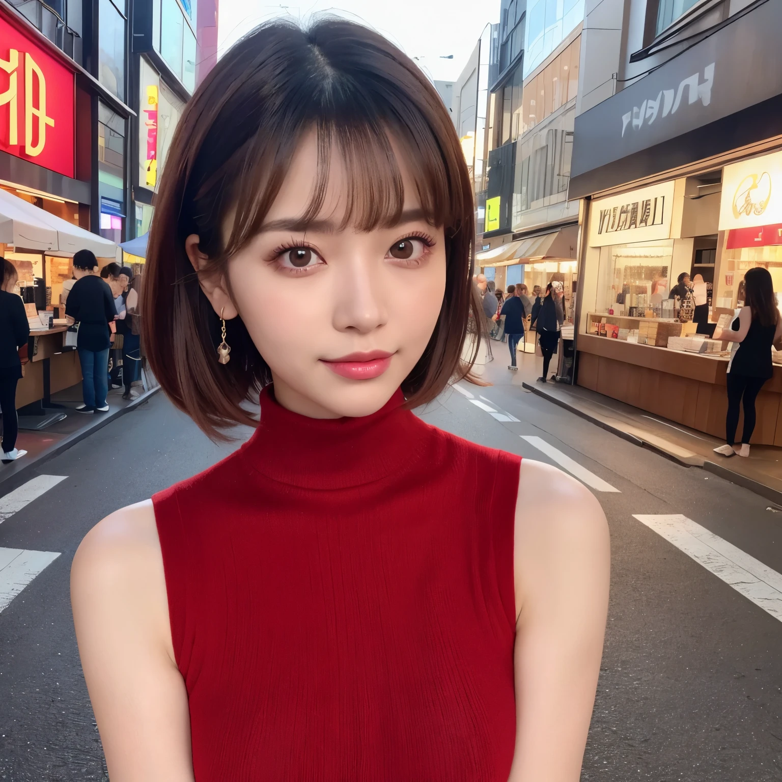 (highest quality、table top、8k、best image quality、Award-winning work)、perfect composition、natural color lip、sexy pose、smile、20 year old girl、big breasts、Harajuku city background、Blurred harajuku background、emphasize body line、sleeveless plain tops、(The most classy red sleeveless turtleneck knit:1.2)、short hairstyle、elegant makeup、Ultra high definition beauty face、ultra high definition hair、Super high-definition sparkling eyes、Super high resolution glossy lips、accurate anatomy、very beautiful skin、(Super high-definition glowing beautiful skin:1.1)、(very bright:1.1)