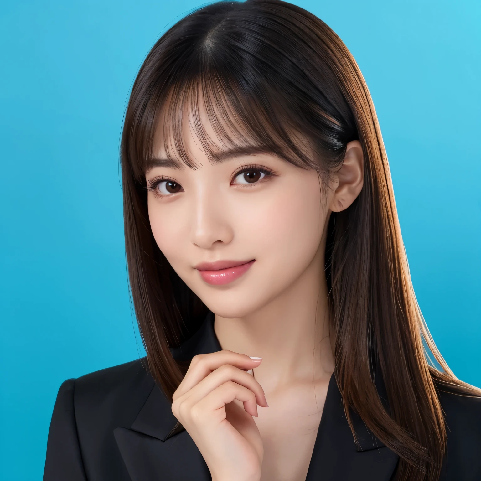 (highest quality、table top、8k、best image quality、Award-winning work)、1 beautiful woman、straight medium hair、(black business suit:1.3)、smile looking at me、(Close-up of face 1.1)、(A woman perfectly positioned in the center of the screen:1.1)、(Perfect composition with the woman in the center:1.1)、(Composition fixed to the front:1.1)、elegant makeup、Ultra high definition beauty face、ultra high definition hair、Super high-definition sparkling eyes、Super high resolution glossy lips、accurate anatomy、very beautiful skin、Super high-definition glowing beautiful skin、(solid blue background:1.2)、(Elegant upright posture from the front:1.1)、(The most elegant and perfect upright posture:1.1)