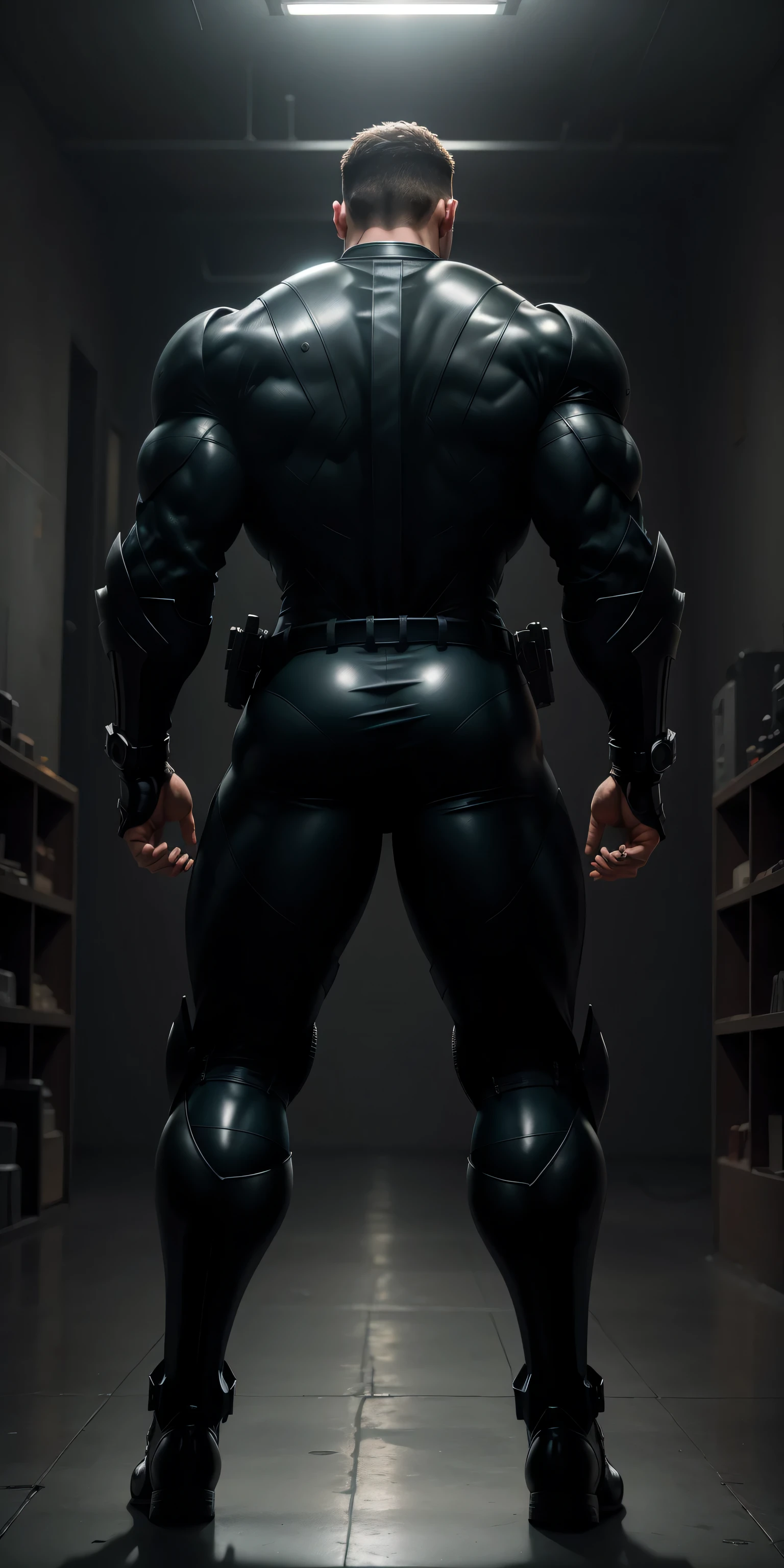 特别High背影, huge, and muscular police officer，Bright black mesh nano-mecha，Colorful light effects surround the whole body，round butt，Highlights，character concept（Resident Evil - chris redfield，chris redfield）senior police officer，small grid texture，regular symmetrical texture pattern，sad expression，Deep and charming eyes，Standing in bright mechanical laboratory，Emerald Eyes Hero，heroic male pose，高大burly，muscular！Charming leg muscles，High, burly, Heqiang，  Super gain and cool， high resolution committee， Big feet in shiny black ultra-thin nanomechanical boots，Charming strong man，The bright sunshine is shining on you，matte particles，shiny texture