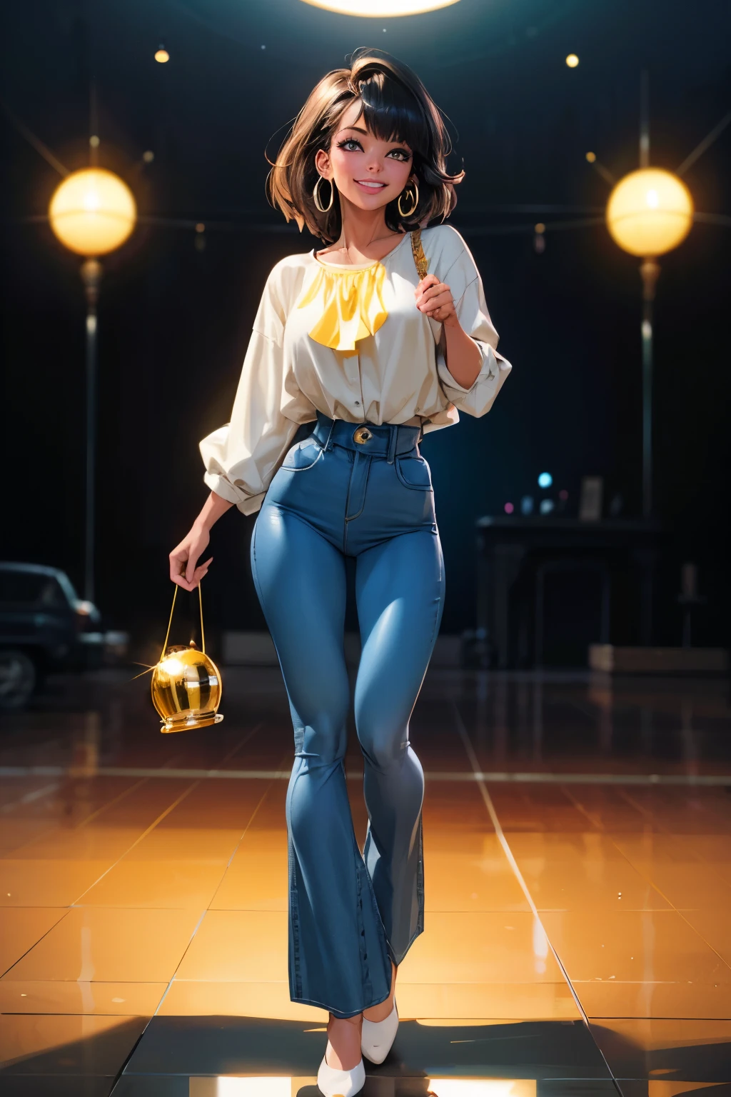 ung female , smile, dark skin tone, afro hair, a pair of sparkly bell-bottoms, a white blouse, yellow and cyan tone, 1970s, huge ear ring, Bell-bottoms, flares, Disco Mirror Ball,
analog style (35mmstyle:1.1), masterpiece, , cinematic lighting, (photorealistic:1.3), (film grain), film noise, kodak proimage 100, depth of field , bokeh