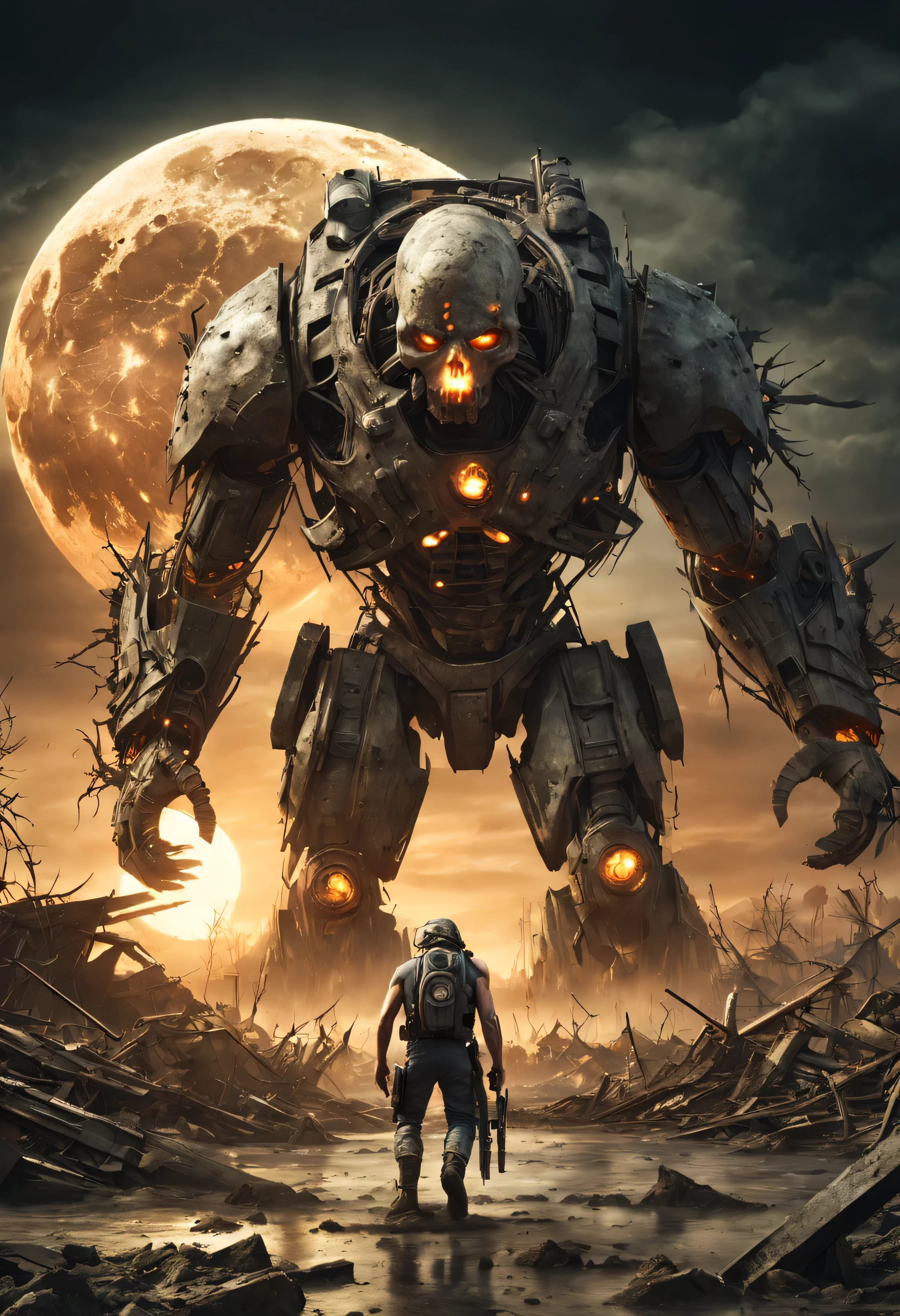 High quality, photorealistic, fantasy, post-apocalyptic earth, ravaged by floods and earthquakes, survivors fighting mutants, nuclear fallout, cracking moon, intense lighting, fantasy style, mutants, survivors, apocalyptic landscape, detailed textures, earthy tones, dramatic atmosphere, dramatic lighting, post-apocalyptic, cracked moon, intense action, 8k uhd resolution