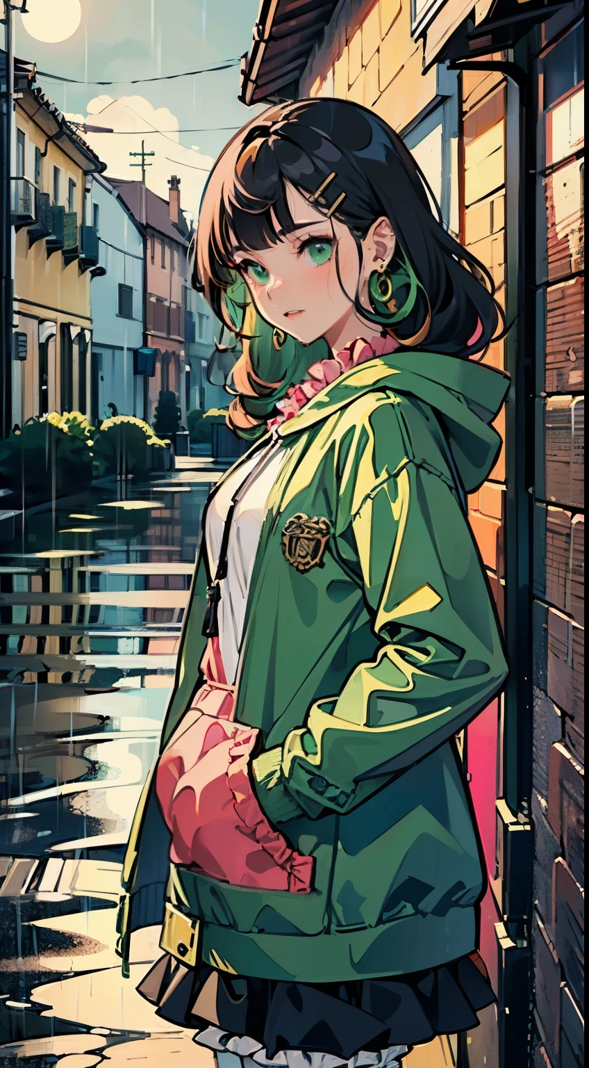 ((((frills,large black hoodie，heavy rain,))))((hands in pockets,))(Masterpiece illustration,Beautiful and aesthetic:1.2,aim to sky), Best quality,Top quality, Epic quality,((((valley,in the romanesque architecture streets ，in the baroque architecture   ,outdoor,))))(moonlight,moon glare, god light,at night,upper upper shot,focus on face,))Neat face,,mature,Beautiful detailed hair，green hair，hyper HD, retinas, Textured skin, A high resolution, 16k ，((hairclip,blunt bangs,sidelocks,middle hair，natural curly hair)),Detailed face, 1JK, lady,Solo, Perfect face, Very amazing girl,((bloomers,high waist skirt,pink streaked green coat,large cloak,metal earrings,spiral earrings)),rim-light