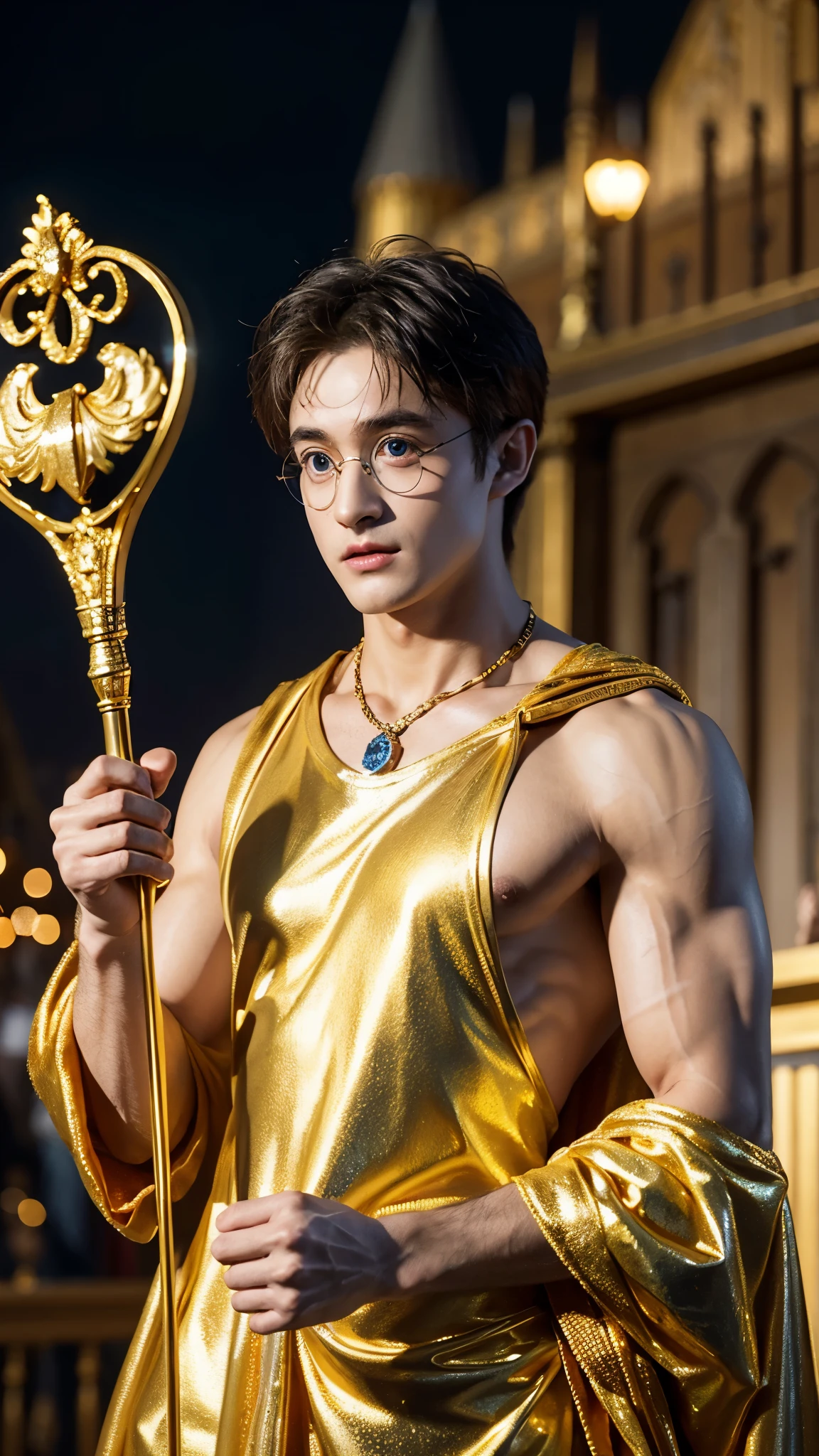 blue skin Harry Potter, muscular body, bare upper body, golden ornaments, flashy costume, Hogwarts in the background, golden king, golden emperor Harry Potter, painted in the center, crowd in the background, golden effect, golden magic, high quality,Harry Potter with golden skin, muscular body, bare upper bodyHarry Potter with golden skin, nothing on, naked, nothing on upper body, golden ornaments, flashy costume, Hogwarts in background, golden king, golden emperor Harry Potter, painted in the center, crowd in background, golden effect, golden magic, high quality, high definition