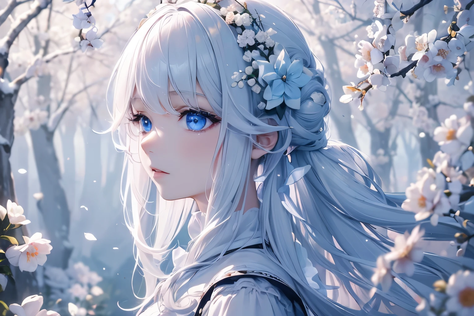 4K quality:1.2,1girl,sense of deps,disorganized,catch light,Super beautiful illustration,Cherry tree in full bloom:1.2,cool beauty,((White,long hairstyles:1.3)),A fleeting expression,dark dark eyeshadow,(((4k,super beautiful,In detail,blue eyes))),bright red lipstick,gothic lolita,;D,beautiful and delicate hair,spring