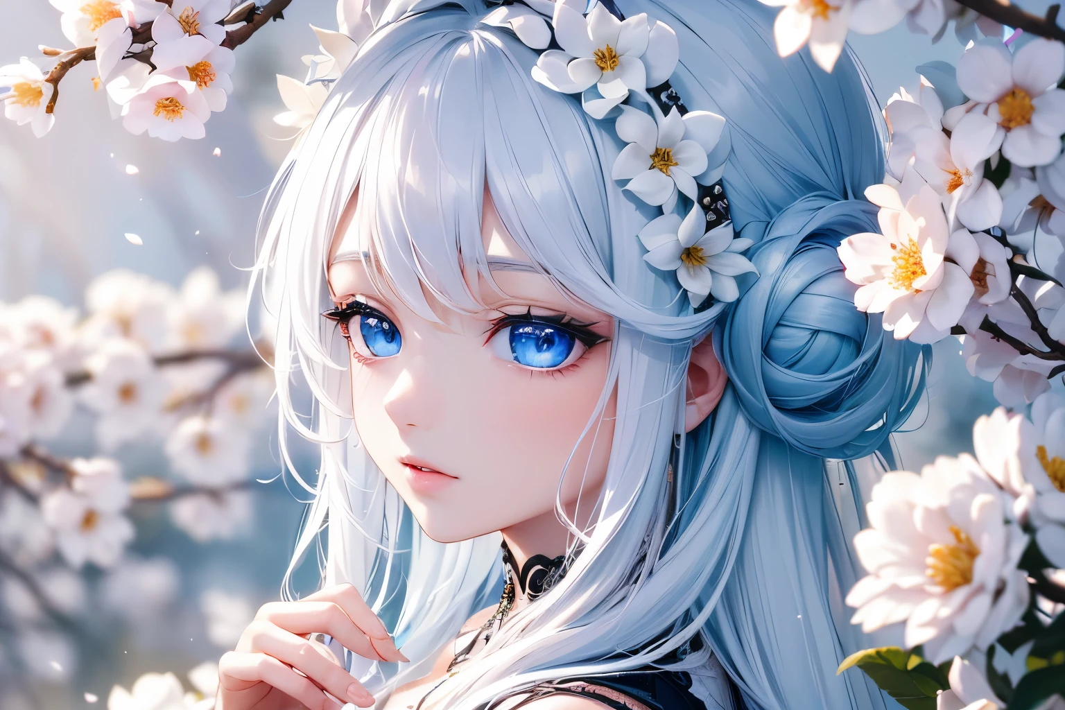 4K quality:1.2,1girl,sense of deps,disorganized,catch light,Super beautiful illustration,Cherry tree in full bloom:1.2,cool beauty,((White,long hairstyles:1.3)),A fleeting expression,dark dark eyeshadow,(((4k,super beautiful,In detail,blue eyes))),bright red lipstick,gothic lolita,;D,beautiful and delicate hair,spring