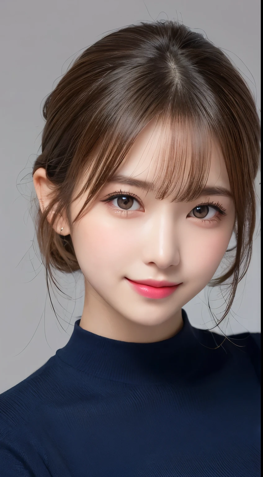 table top, highest quality, shape, Super detailed, finely, High resolution, 8k wallpaper, 完璧なダイナミックな構shape, beautiful and detailed eyes, trend knit dress(navy color), small breasts, natural color lip,優しいsmile,20 year old girl、beautiful and detailed face、perfect and beautiful face,Big eyes、beautiful and detailed face、perfect and beautiful double eyelids、blur the background、perfect and beautiful face、Feminine poses、slim face and style、blur background、straight hair、luxury living、smile、Take a close-up photo of your face、blur the background