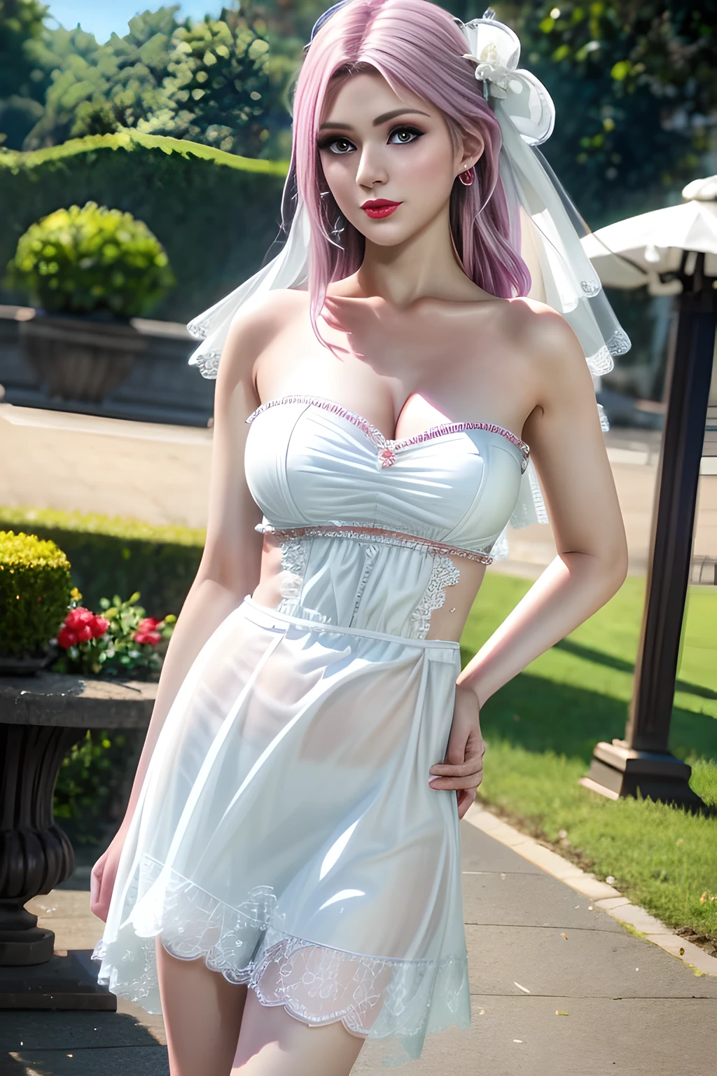 1 girl,Alice,(pajamas),(White strapless dress:1.4),Outdoor activities,  (standing posture),grace,(((red lips))), Lips slightly open,  clavicle,Lactation,(huge breasts),skin shiny,((8k, original photo, top quality, masterpiece), HD RAW color photos professional close-up photos, (actual, photorealism: 1.37), (best quality),8k,Fabric luster,alone,