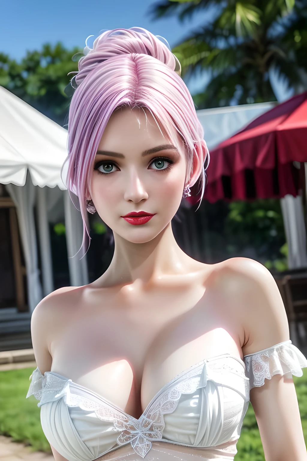 1 girl,Alice,(pajamas),(White strapless dress:1.4),Outdoor activities,  (standing posture),grace,(((red lips))), Lips slightly open,  clavicle,Lactation,(huge breasts),skin shiny,((8k, original photo, top quality, masterpiece), HD RAW color photos professional close-up photos, (actual, photorealism: 1.37), (best quality),8k,Fabric luster,alone,