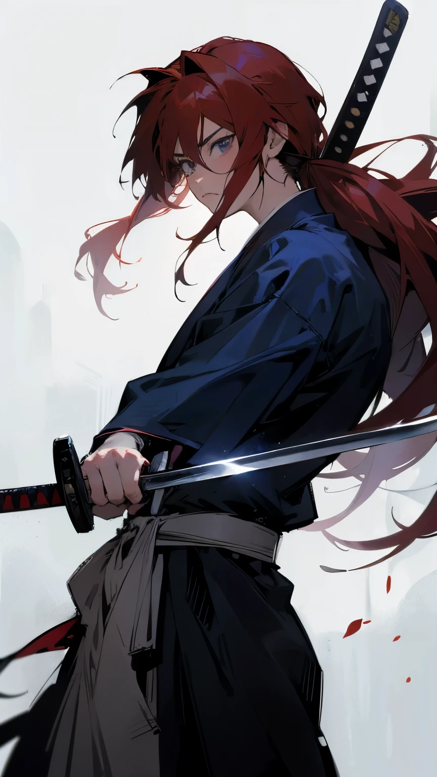 Man, Rurouni Kenshin, Himura battousai, samurai X, series of Samurai X, Red long hair, holding a katana 