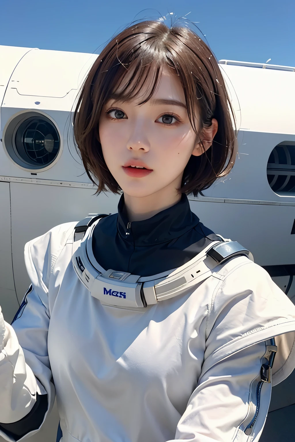 highest quality、masterpiece、ultra high resolution、(real:1.4)、Beautiful woman1、Beautiful details of eyes and skin、light brown short cut hair、perfect space suit、spaceship、macrocosm、Sunlight、blue sky、Remains、rocky mountain、