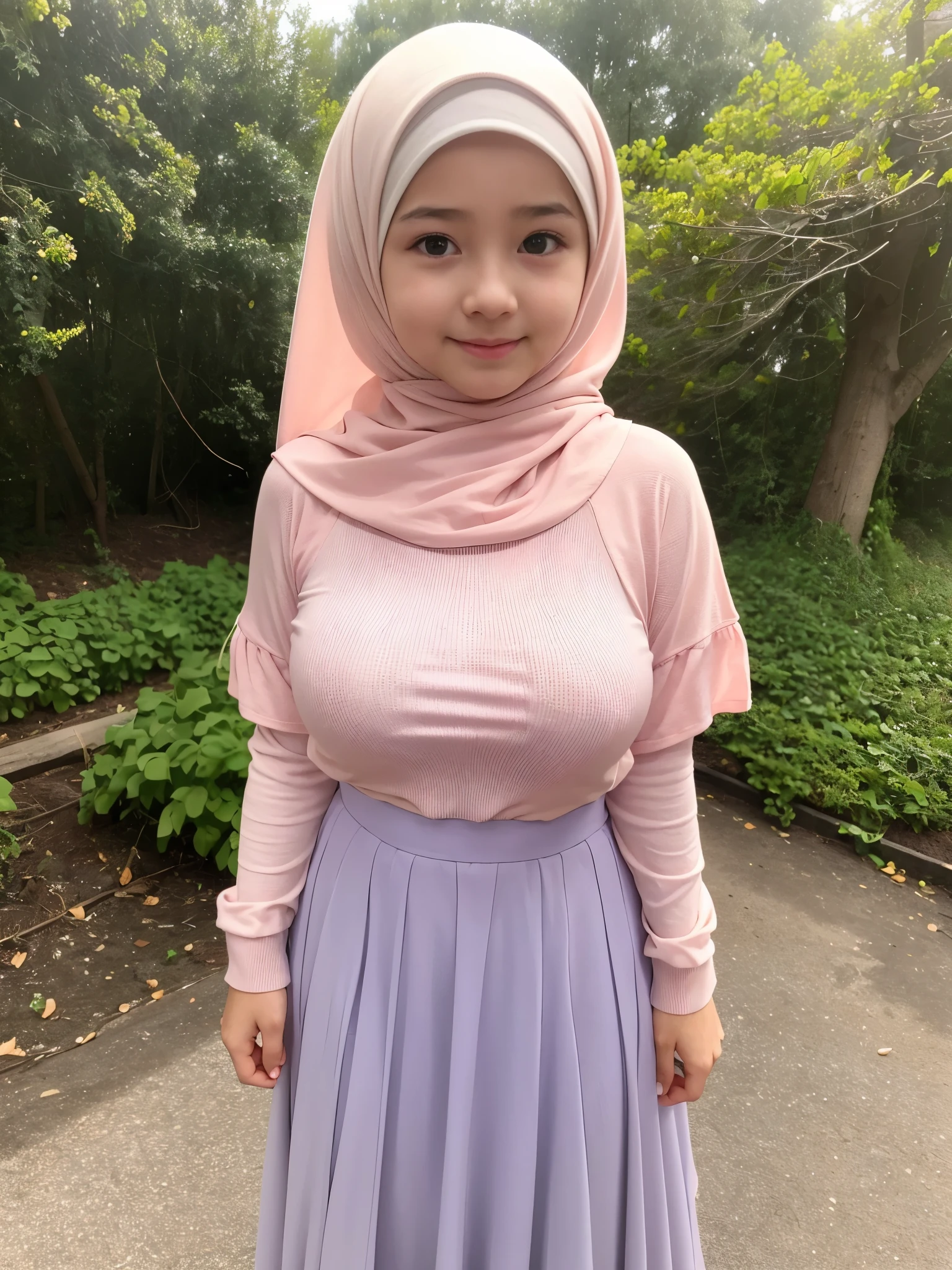 adorable, 1 girl, , baby face, sm portrait, (face details: 1), (eye details: 1), ((big breasts)). wearing white long rib shirt, long skirt, modern hijab colorful... Cute pose, park, gardem background... proportional body. Ultra High res. realistic: 1.4, UHD