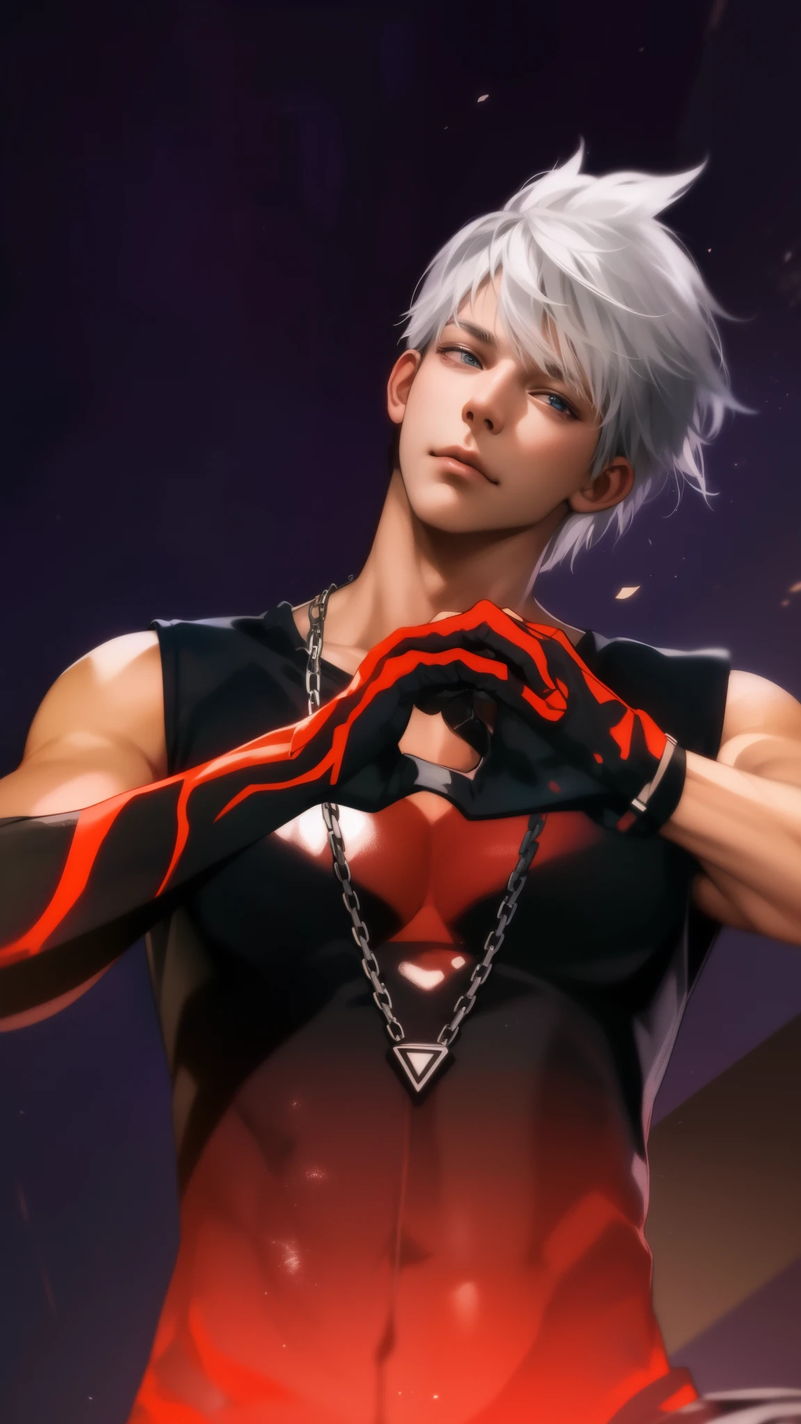 (absurd, A high resolution, ultra detailed, HDR), masterpiece, Best quality, Portrait of a boy, attractive guy with red eyes, detailed face, professional photo, Мужчина Алафед shirtless, Fight comfortably，legs open, (down jacket(from below:1.1)), Focus on your audience,18 year old boy, attractive guy, [ Firmly defined body ]，shirtless，The body is wrapped in a white bandage，press，pectoral muscle，short white trousers，large bulge，white shoes，